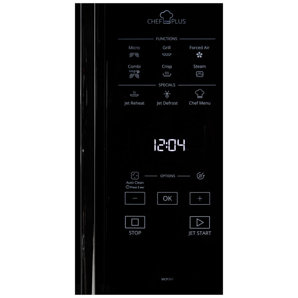 Microwave oven control panel, black. Displays time, functions, and options. Has buttons and a digital clock.