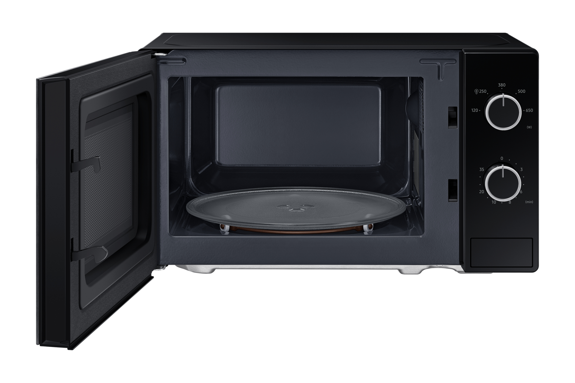 Forno a microonde nero, porta aperta. Interno con piatto di vetro. Sfondo bianco.