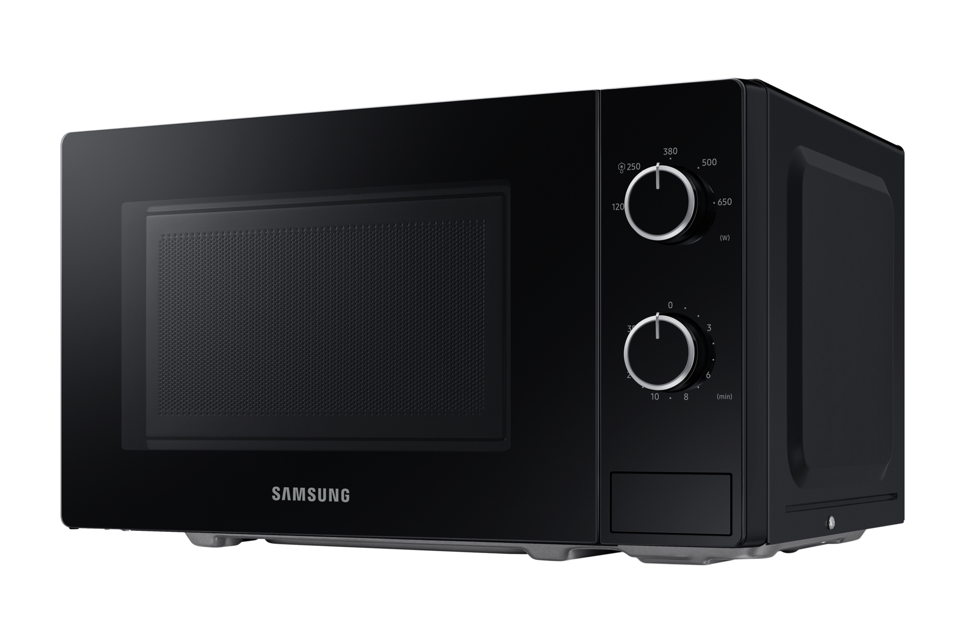 Forno a microonde Samsung nero. Porta chiusa. Pannello di controllo. Sfondo bianco.
