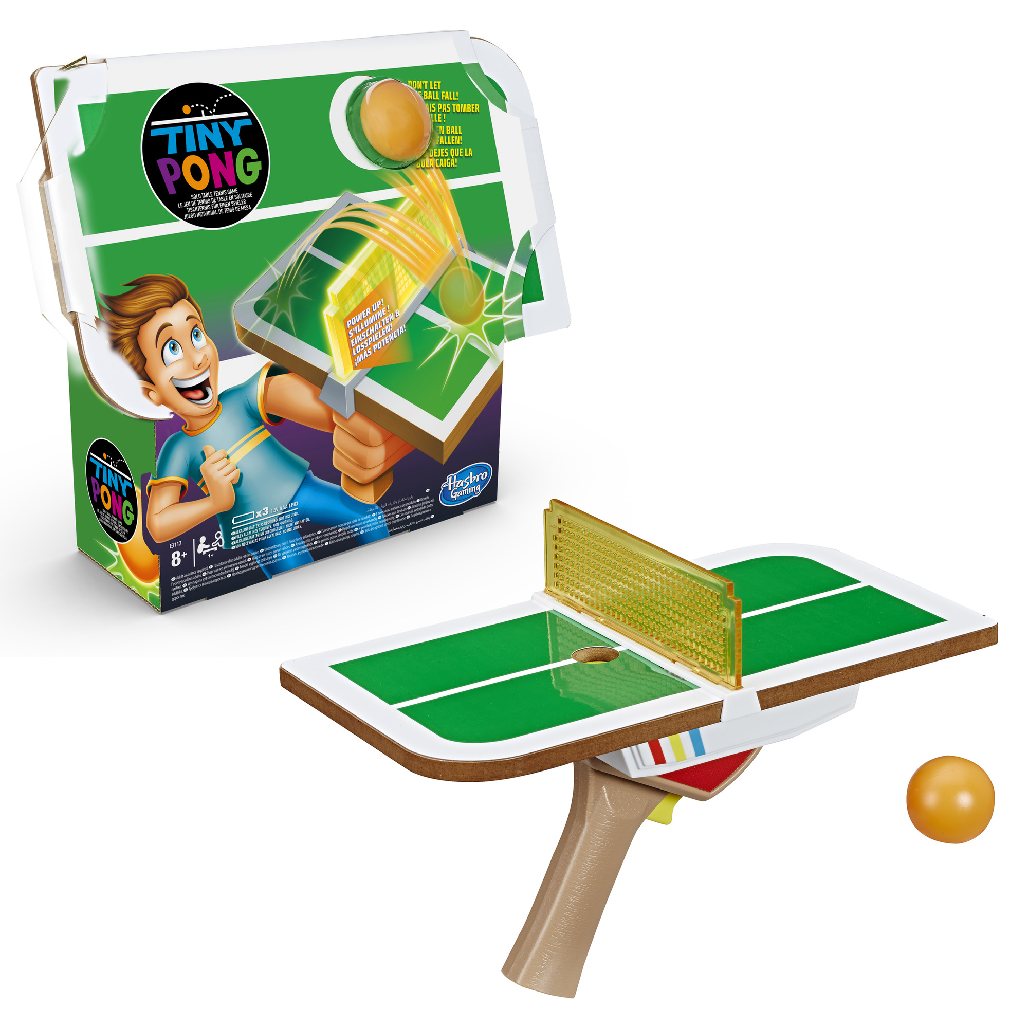 Set di gioco Tiny Pong con scatola, un'illustrazione di un ragazzo, mini set da ping pong con palla. Sfondo bianco.