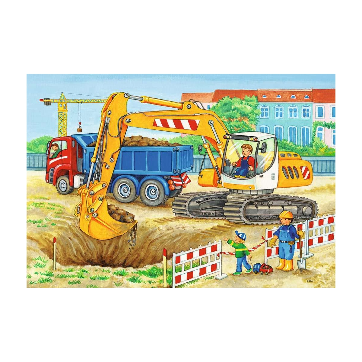 Scena z puzzli z motywem budowlanym. Koparka, ciężarówka, robotnicy i domy. Kolorowe.