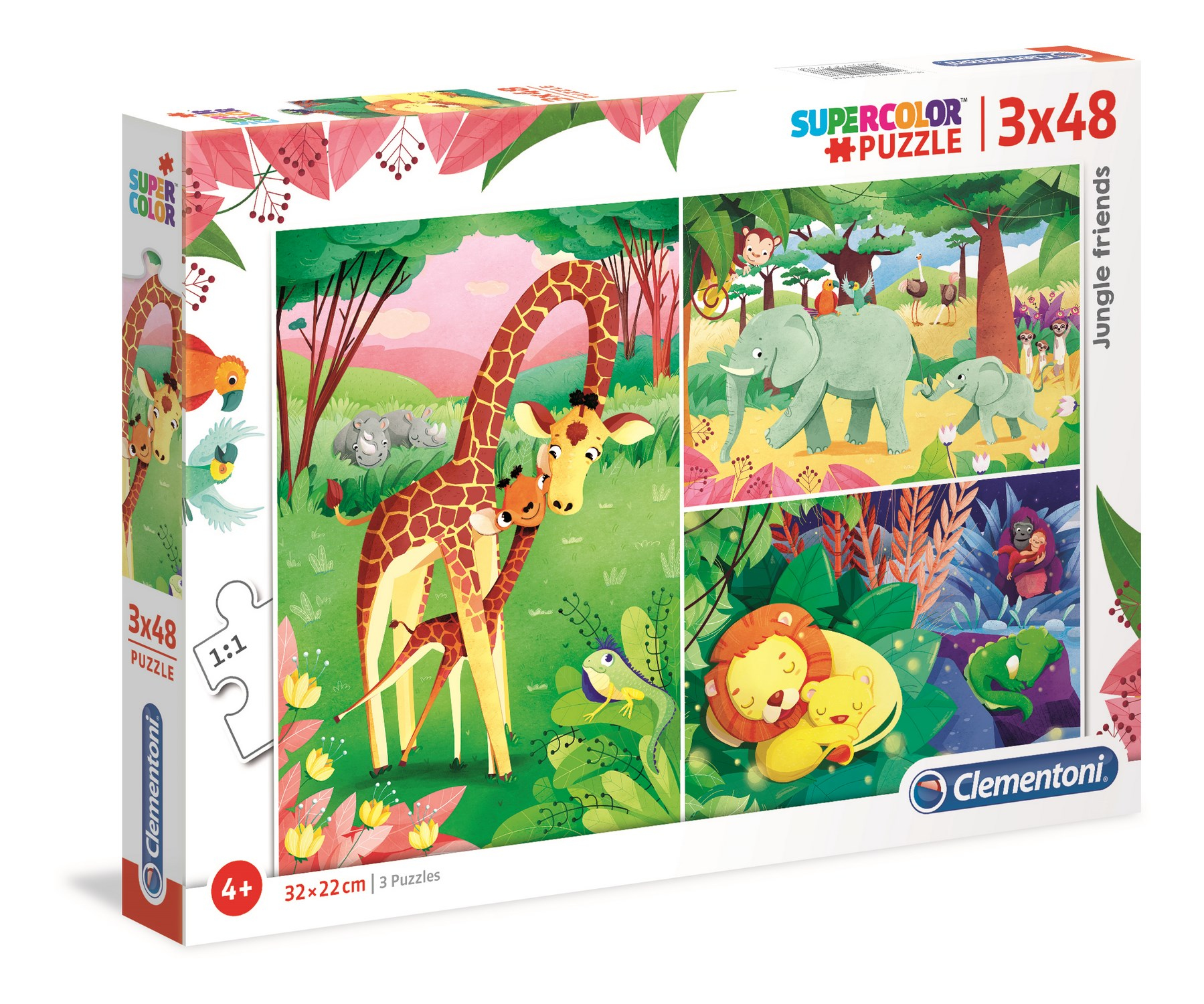 Pudełko z puzzlami z trzema scenami z dżungli. Żyrafa, słoń, lew. Kolorowe ilustracje.
