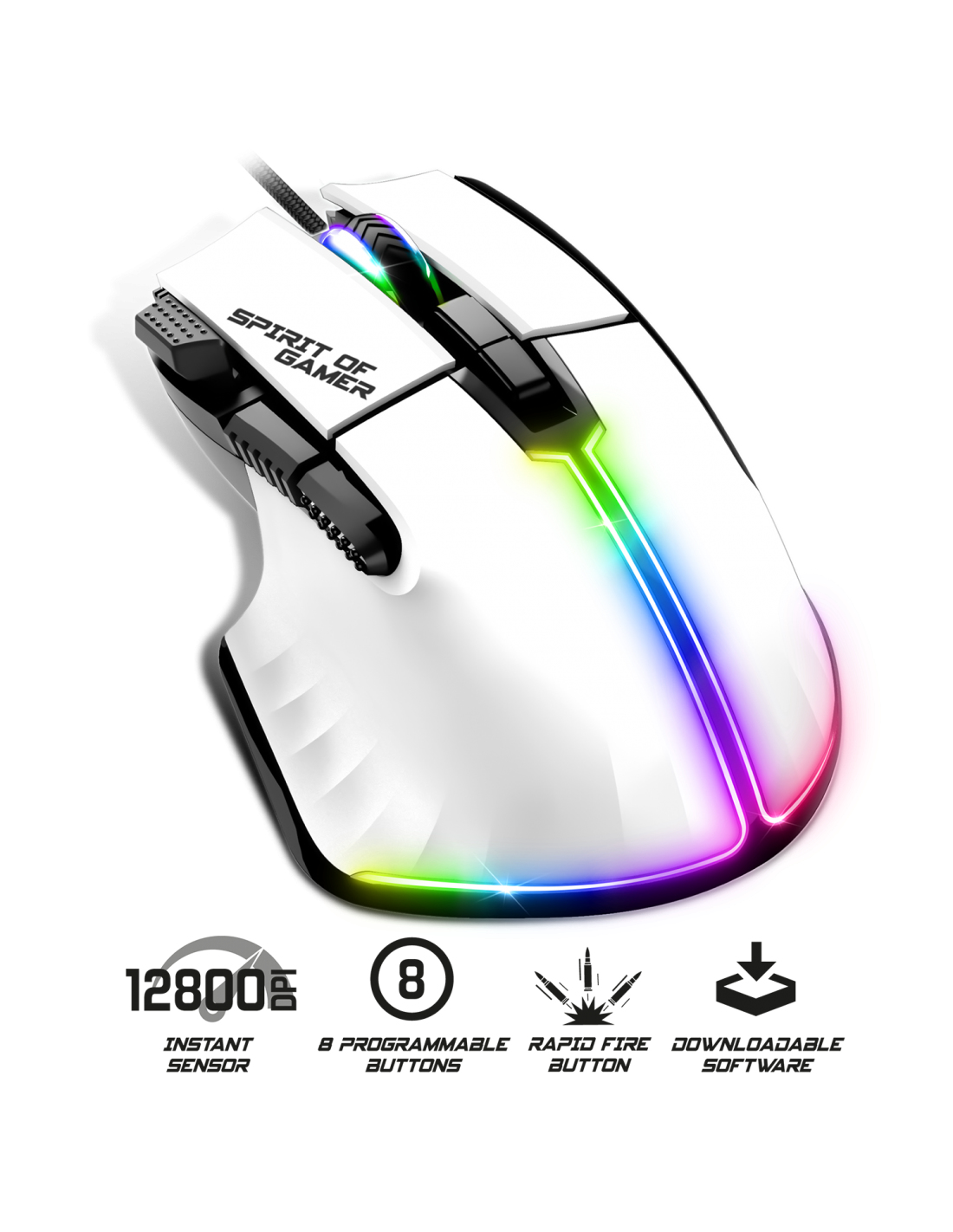 Biała mysz gamingowa z tęczowym LED, czarnymi akcentami i logo.
