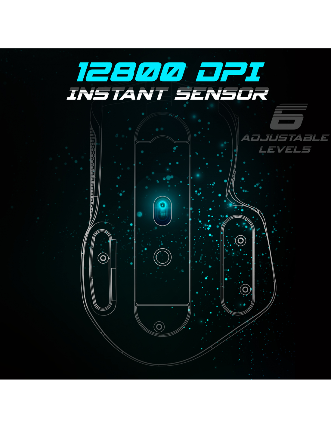 Czarno-niebieska mysz do gier z wyróżnionym tekstem: 12800 DPI, czujnik natychmiastowy i 5 regulowanych poziomów.
