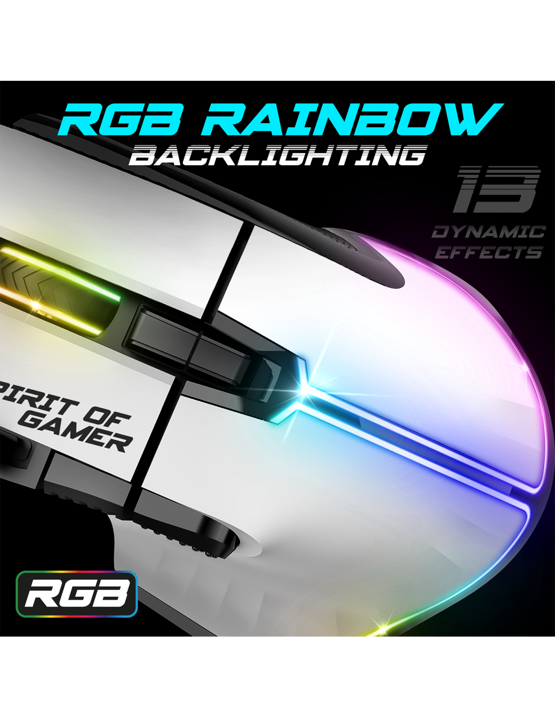 Biała mysz do gier z podświetleniem RGB. Tekst: 'RGB Rainbow Backlighting'.