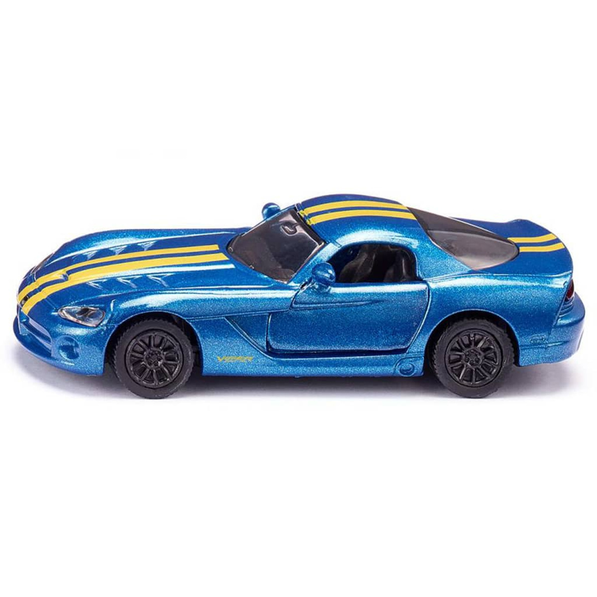 Niebieski samochodzik, Dodge Viper z żółtymi pasami, czarne koła, na białym tle.