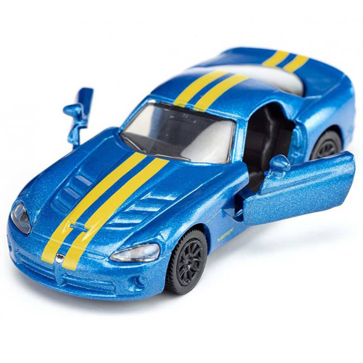 Niebieski samochodzik z żółtymi paskami i otwartymi drzwiami.
