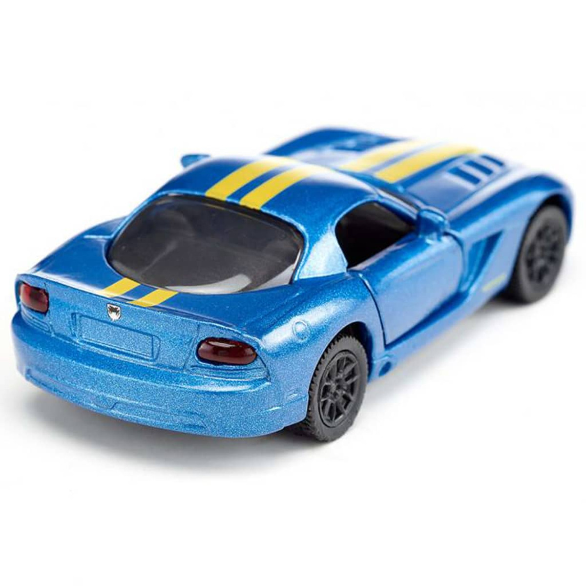 Niebieski zabawkowy samochód sportowy z żółtymi paskami, widok z tyłu.