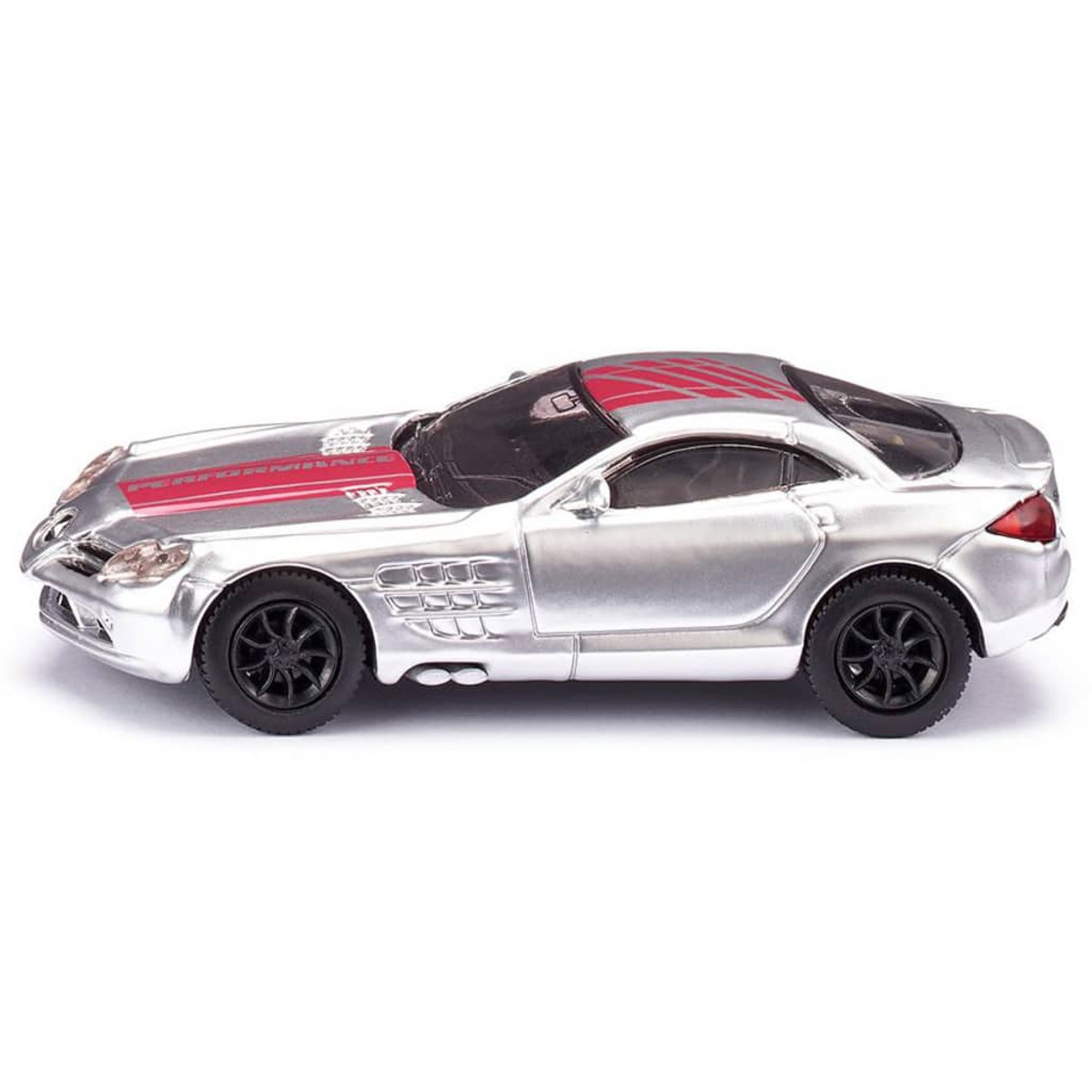 Srebrny samochodzik z czarnymi kołami i czerwonymi paskami na górze.