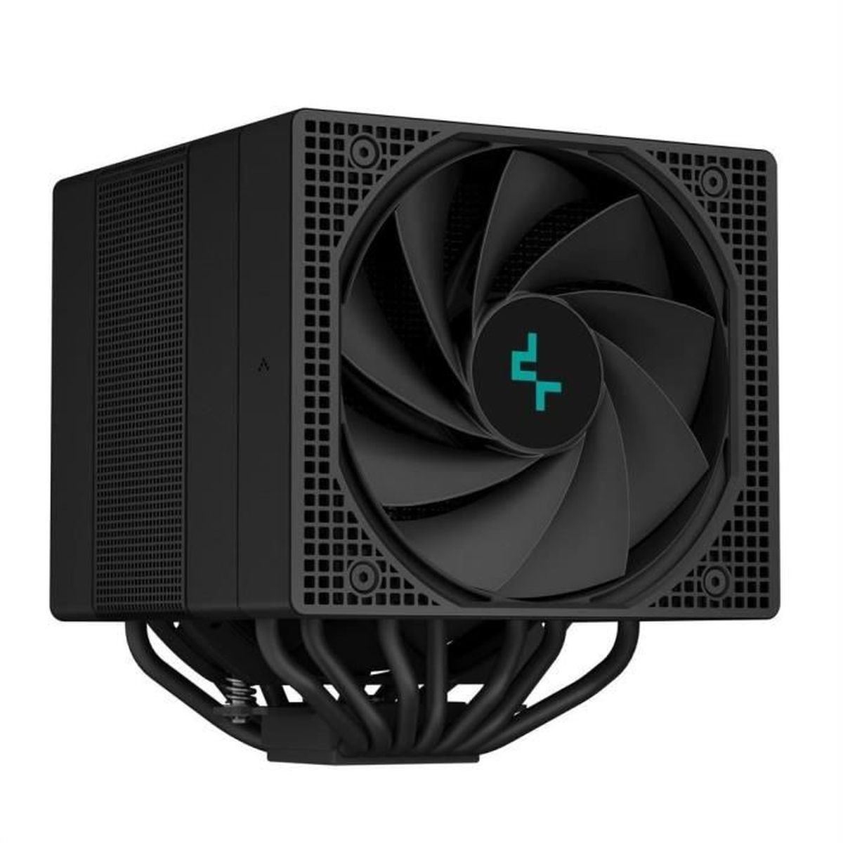 Black CPU cooler fan. Square design with a central fan. A Deepcool logo is on the fan.