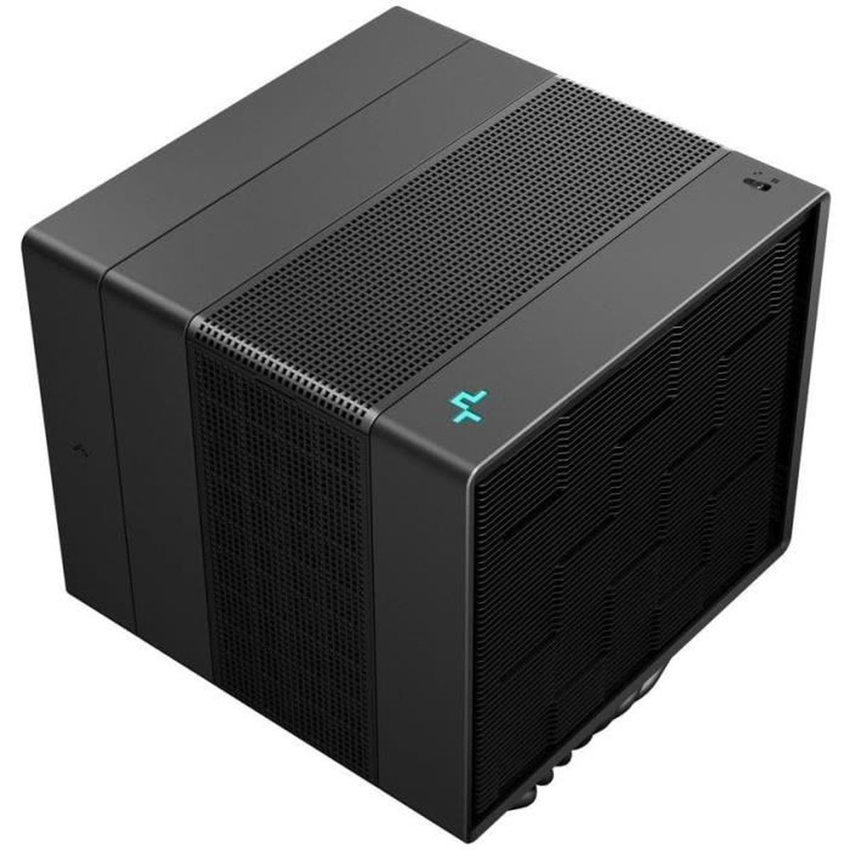 Black computer case with a grid pattern on the sides. A blue light is visible.