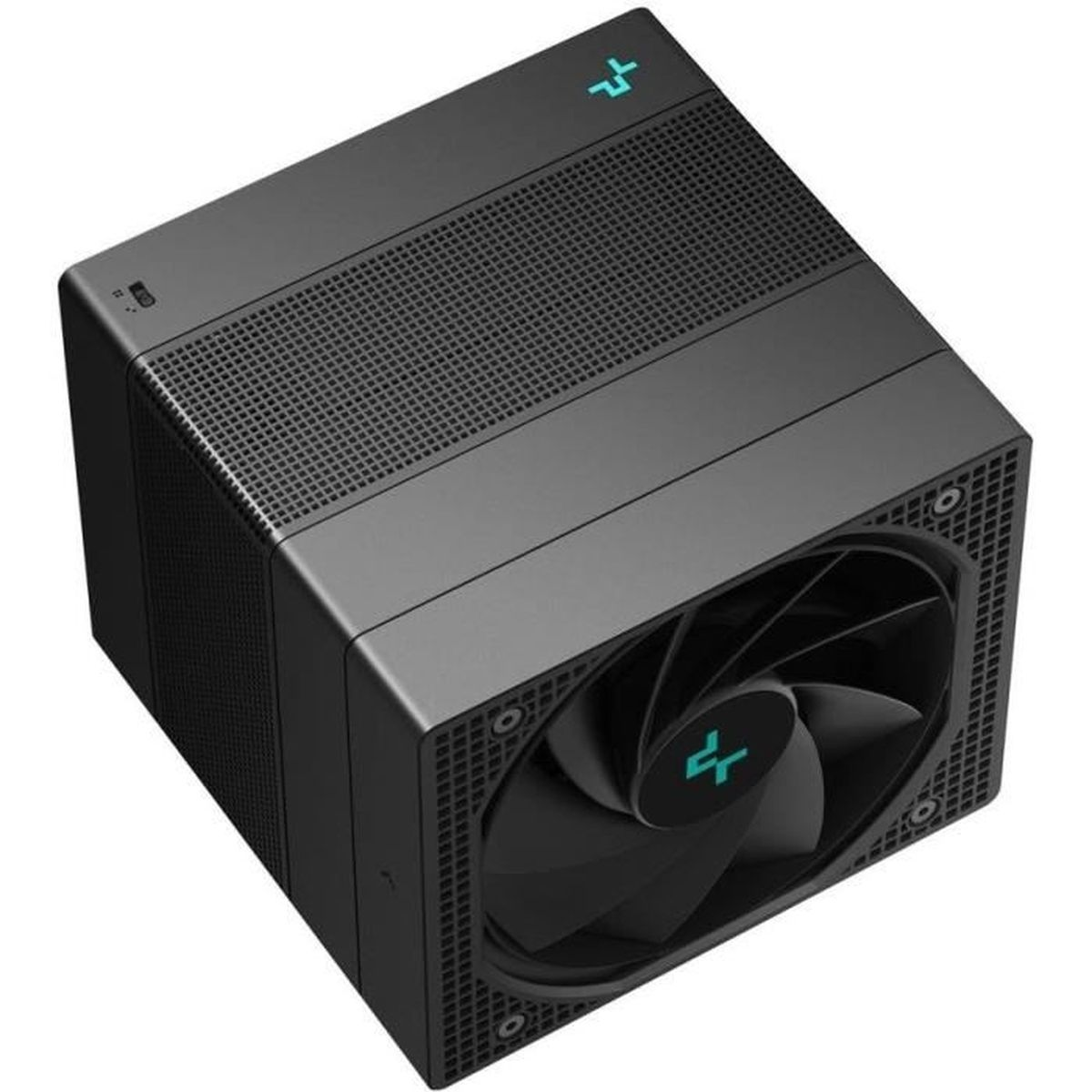 Black computer case with a fan and a logo. It has vents on the sides.