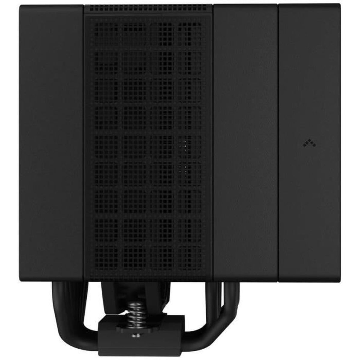 Black cooler with a fan. It has a square shape and metal elements.