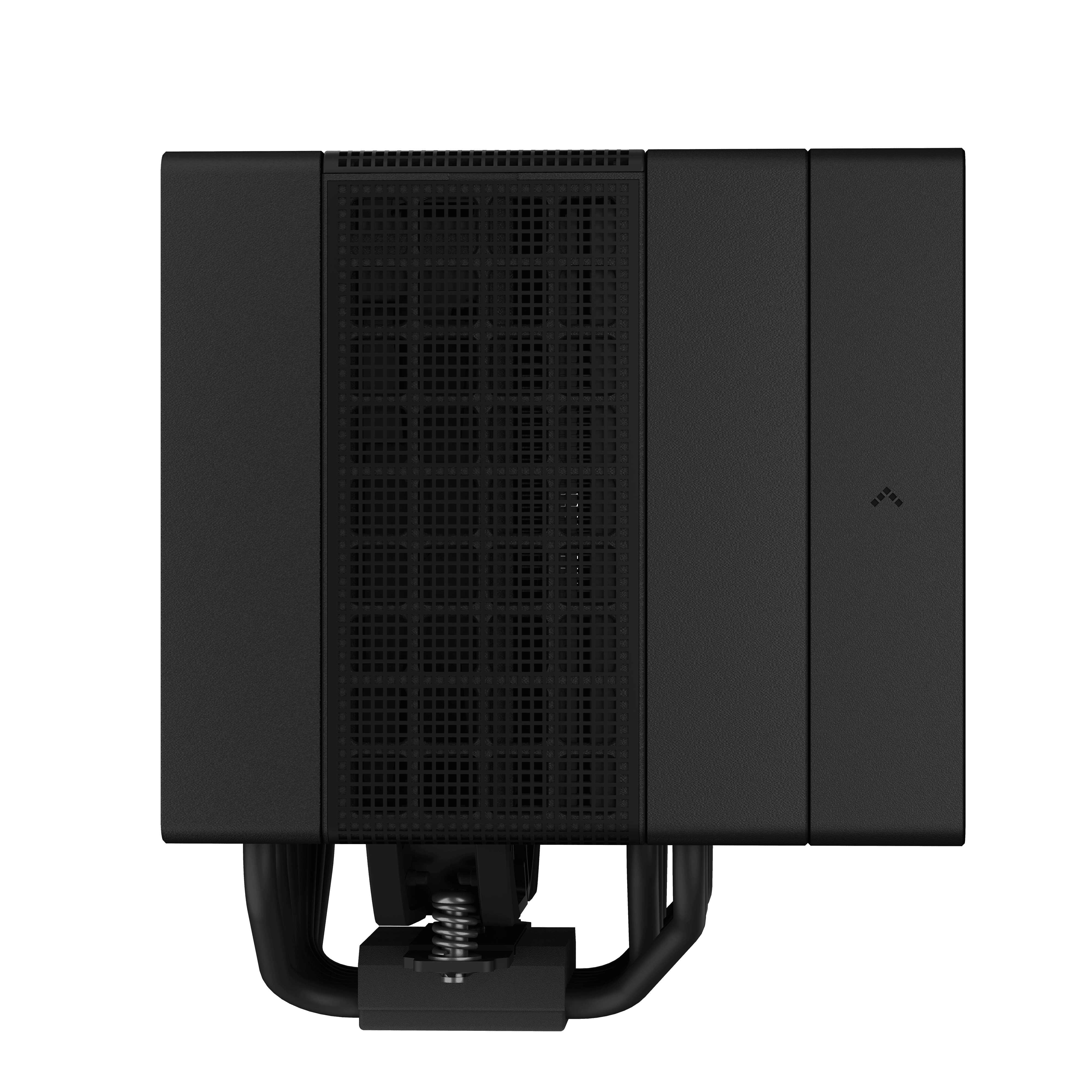 Black cooler with a fan. It has a square shape and metal elements.