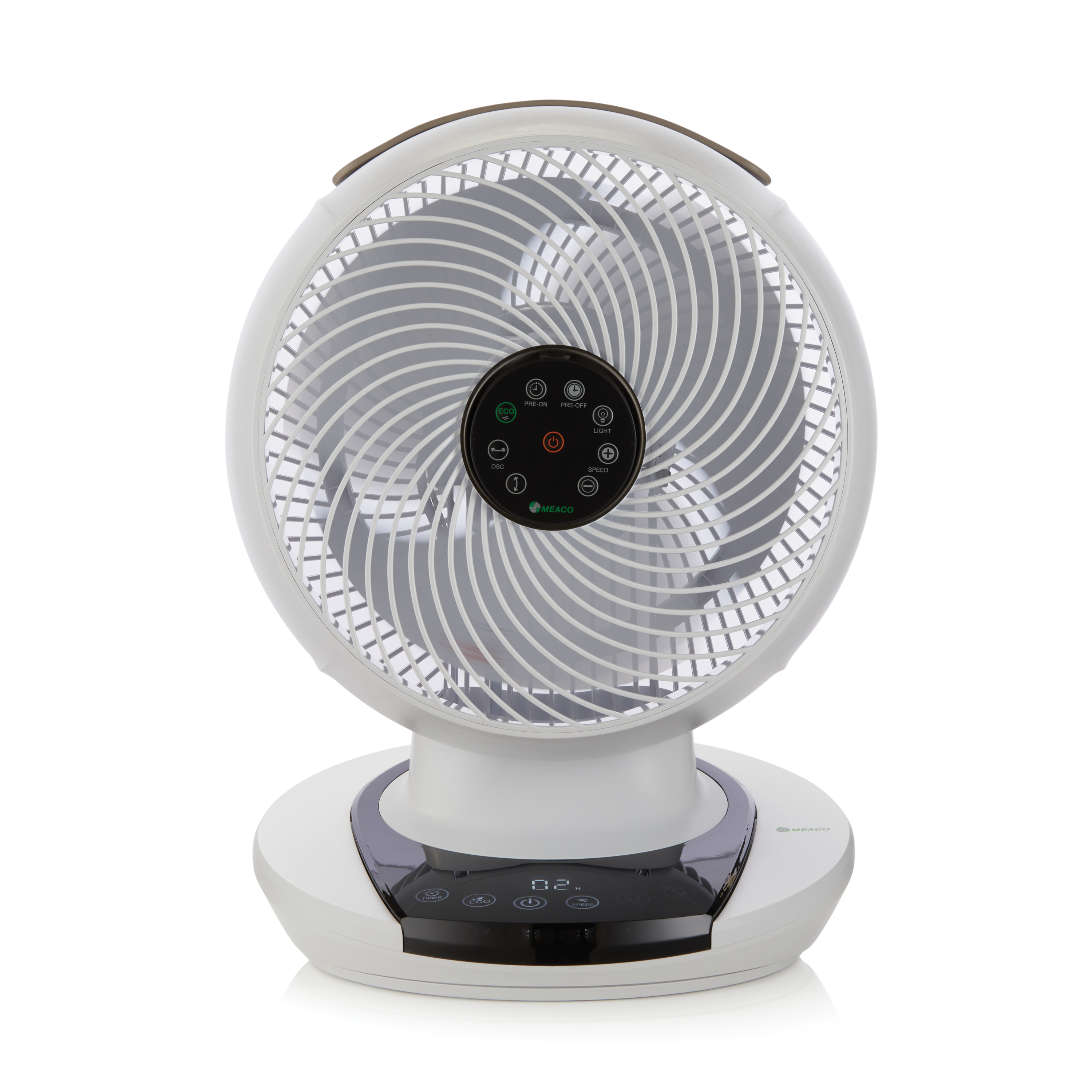 Weißer Ventilator mit rundem Kopf und Sockel. Der Lüfter hat Knöpfe auf der Vorderseite.