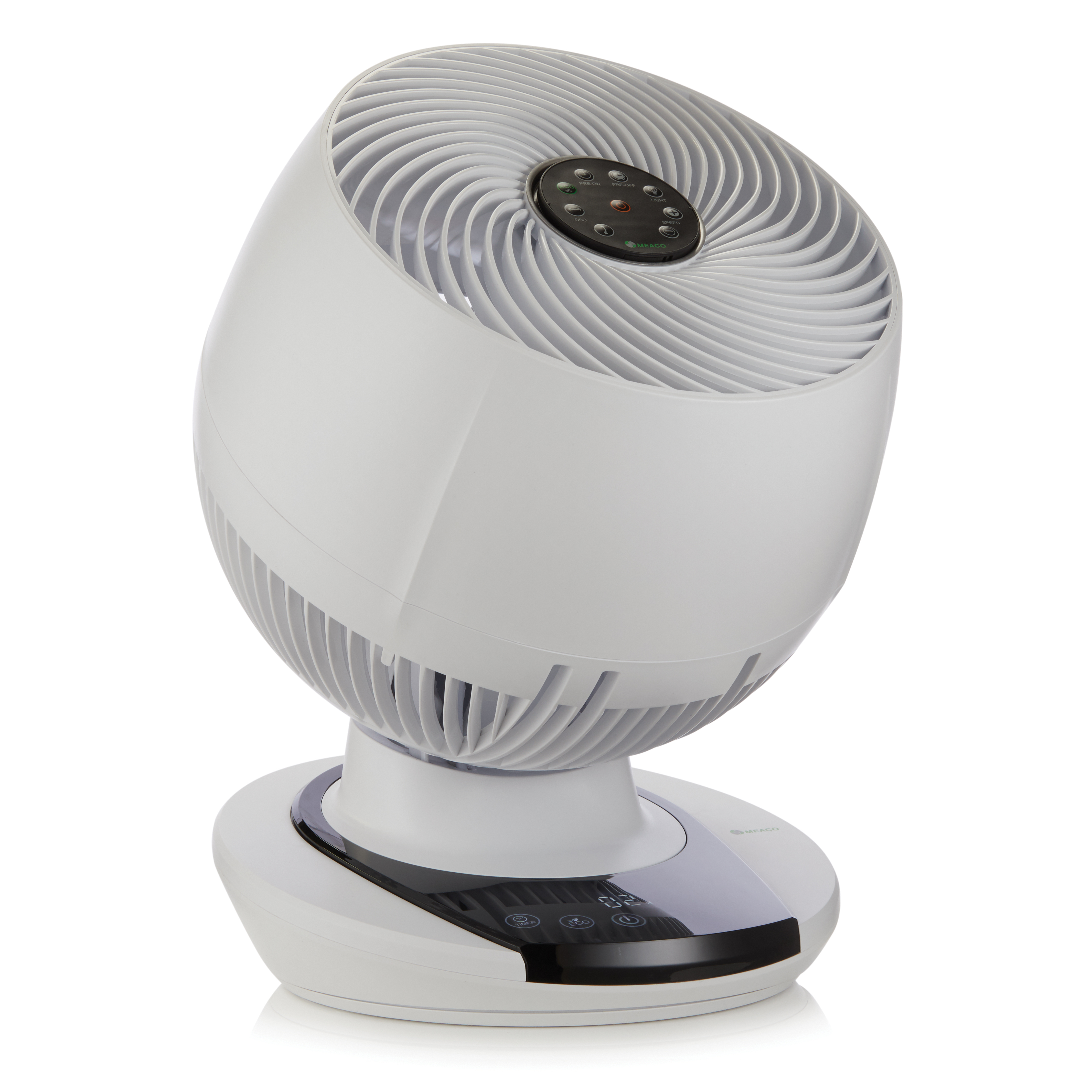 Weißer, eiförmiger Ventilator. Hat ein Bedienfeld oben und eine Basis.