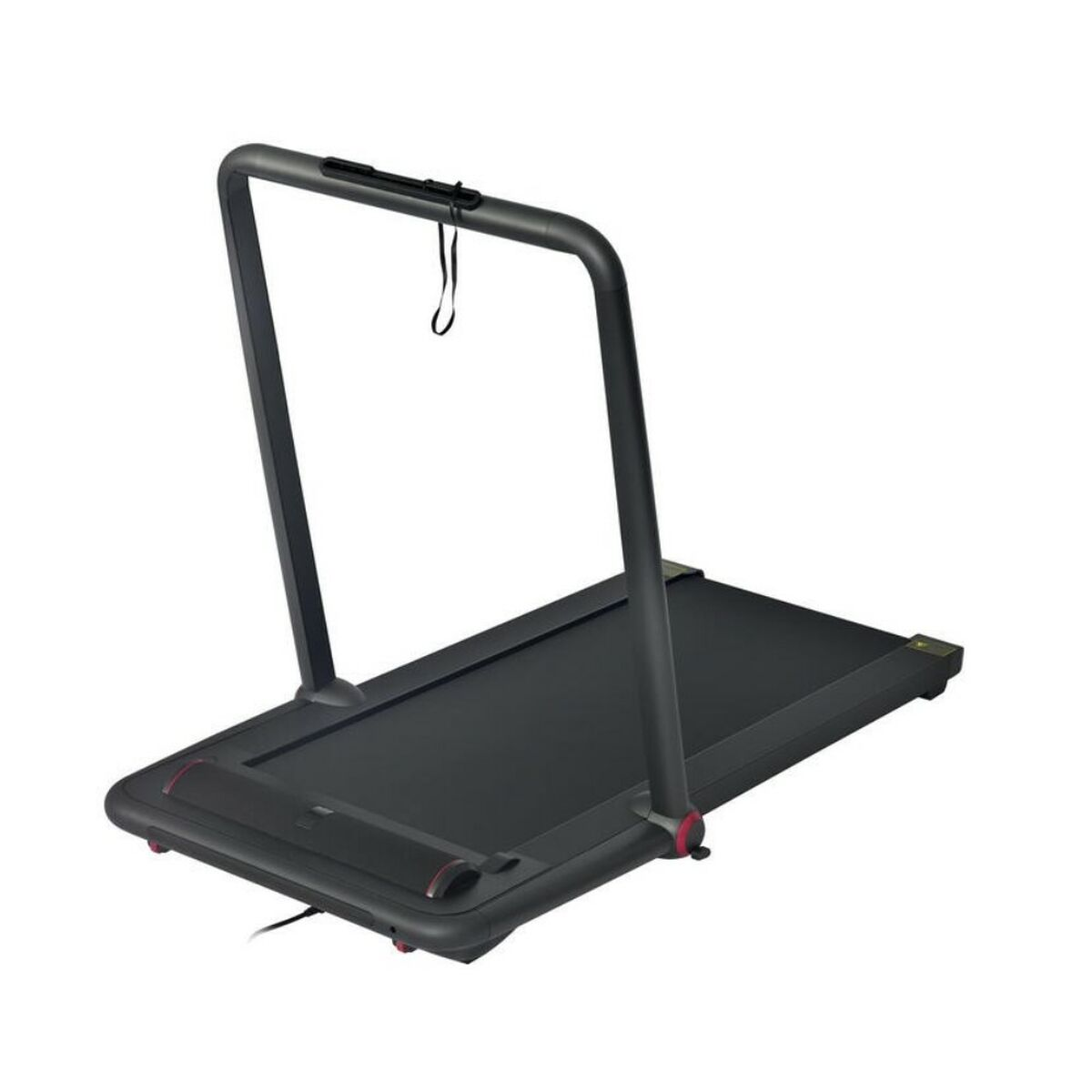 Czarna bieżnia z poręczą, na białym tle.