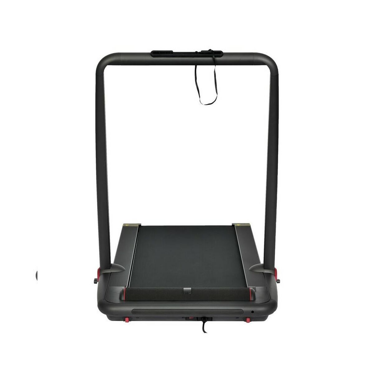 Czarna bieżnia z długim uchwytem. Jest na białym tle.