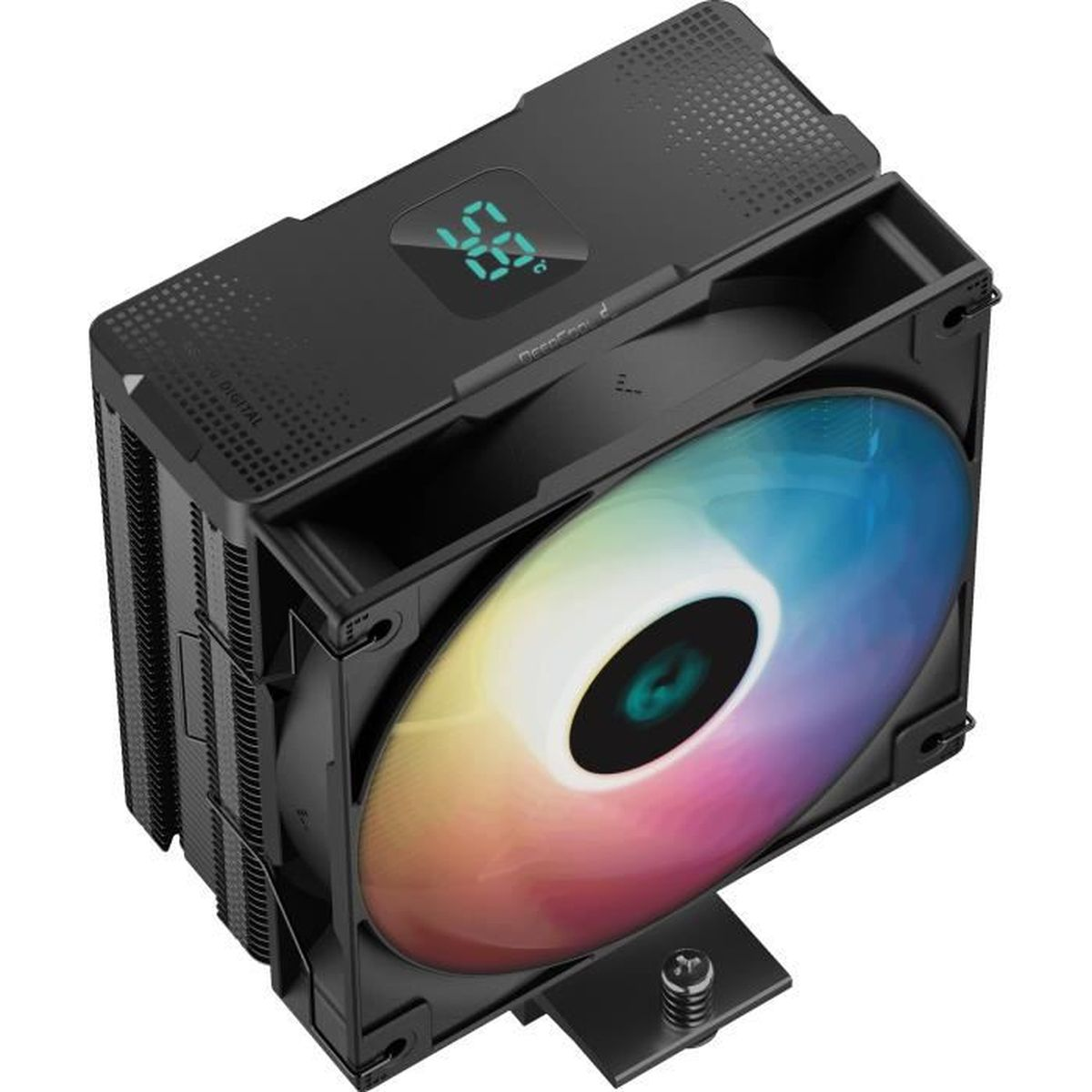 CPU-koeler met een meerkleurige ventilator, bovenaanzicht.