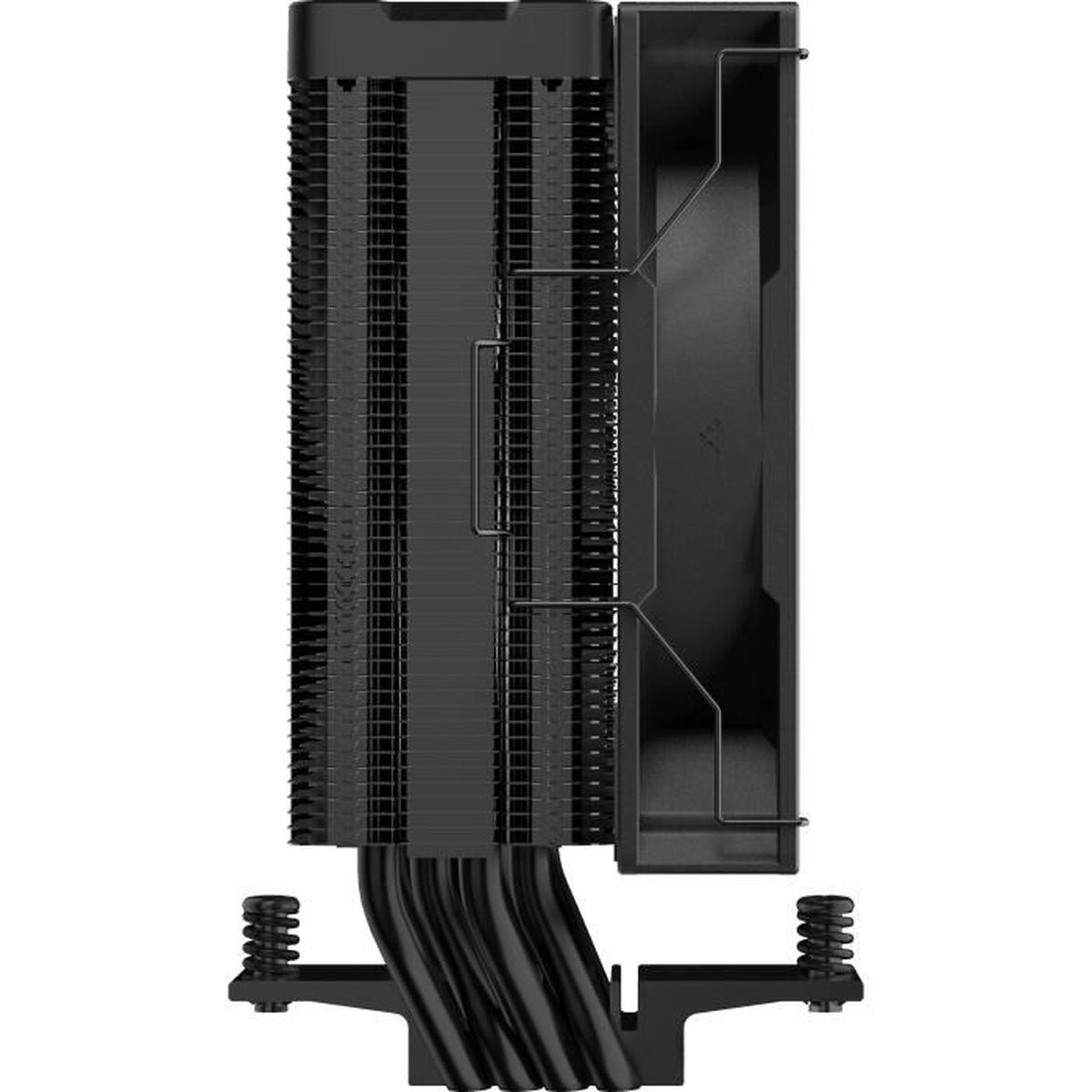 Zwarte CPU-koeler met heatsink en ventilator.