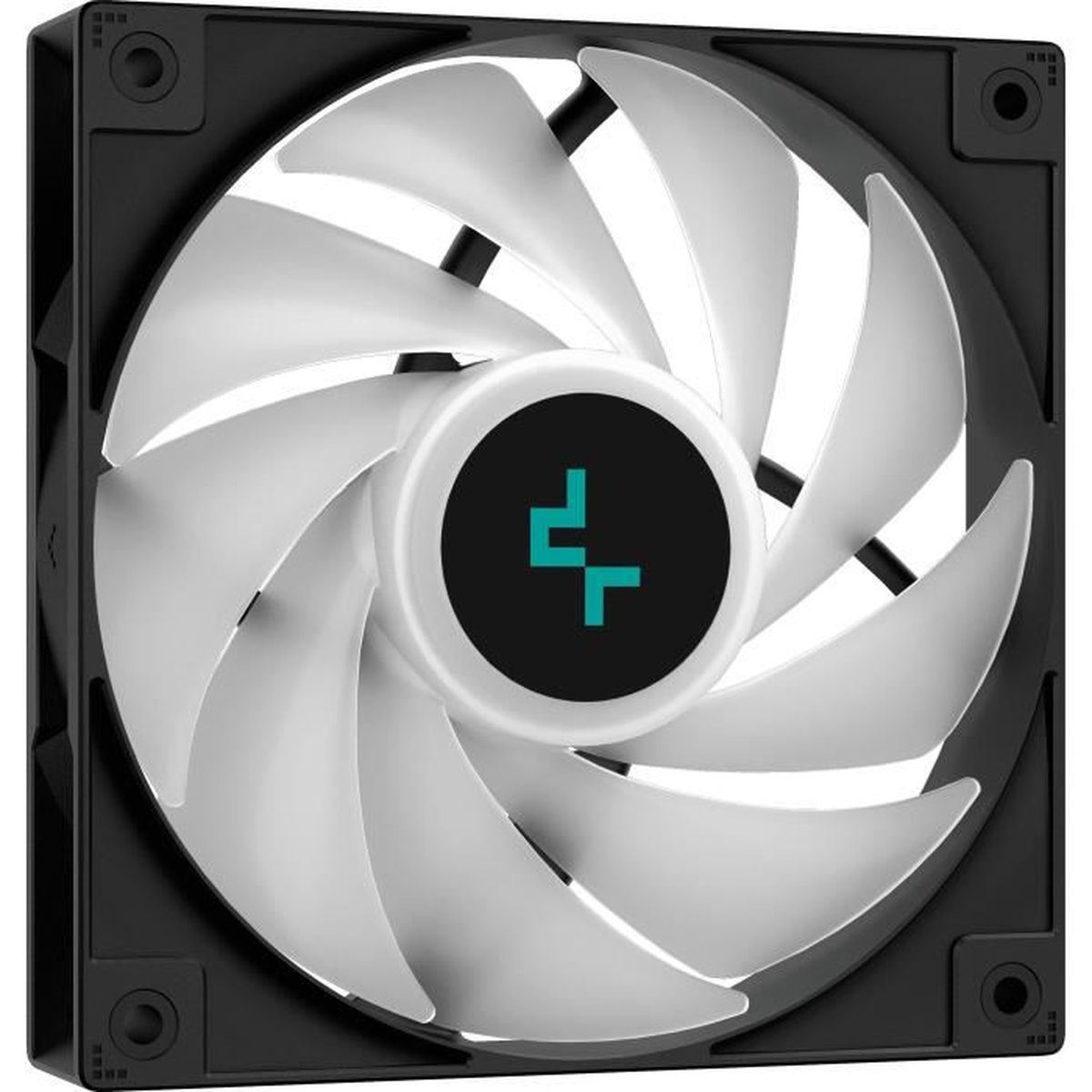 Computerventilator met witte bladen en een zwart frame. Het logo staat in het midden.