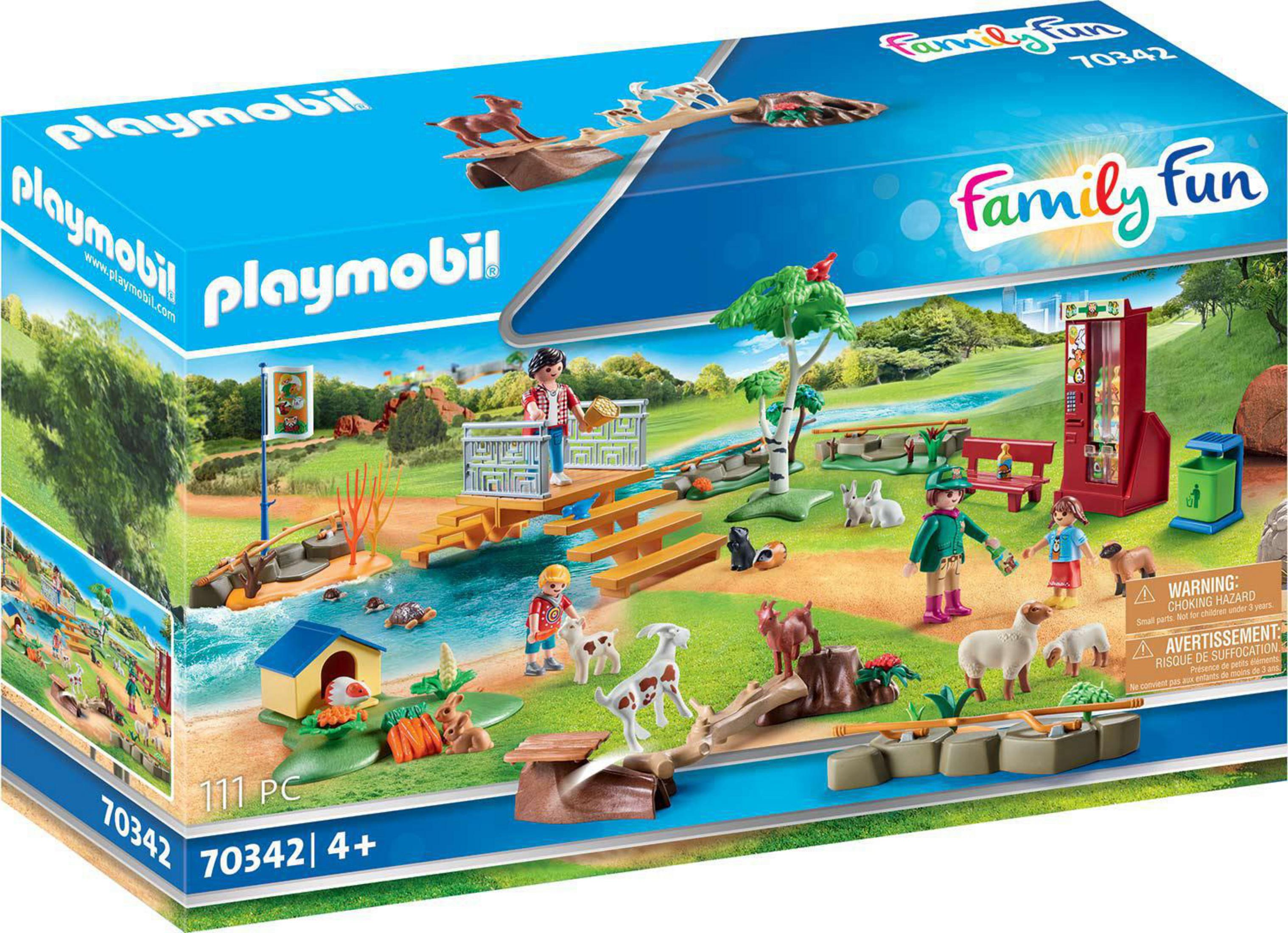 Playmobil-Set mit Figuren, Tieren und Parkelementen. Enthält Fluss, Brücke und Automaten.