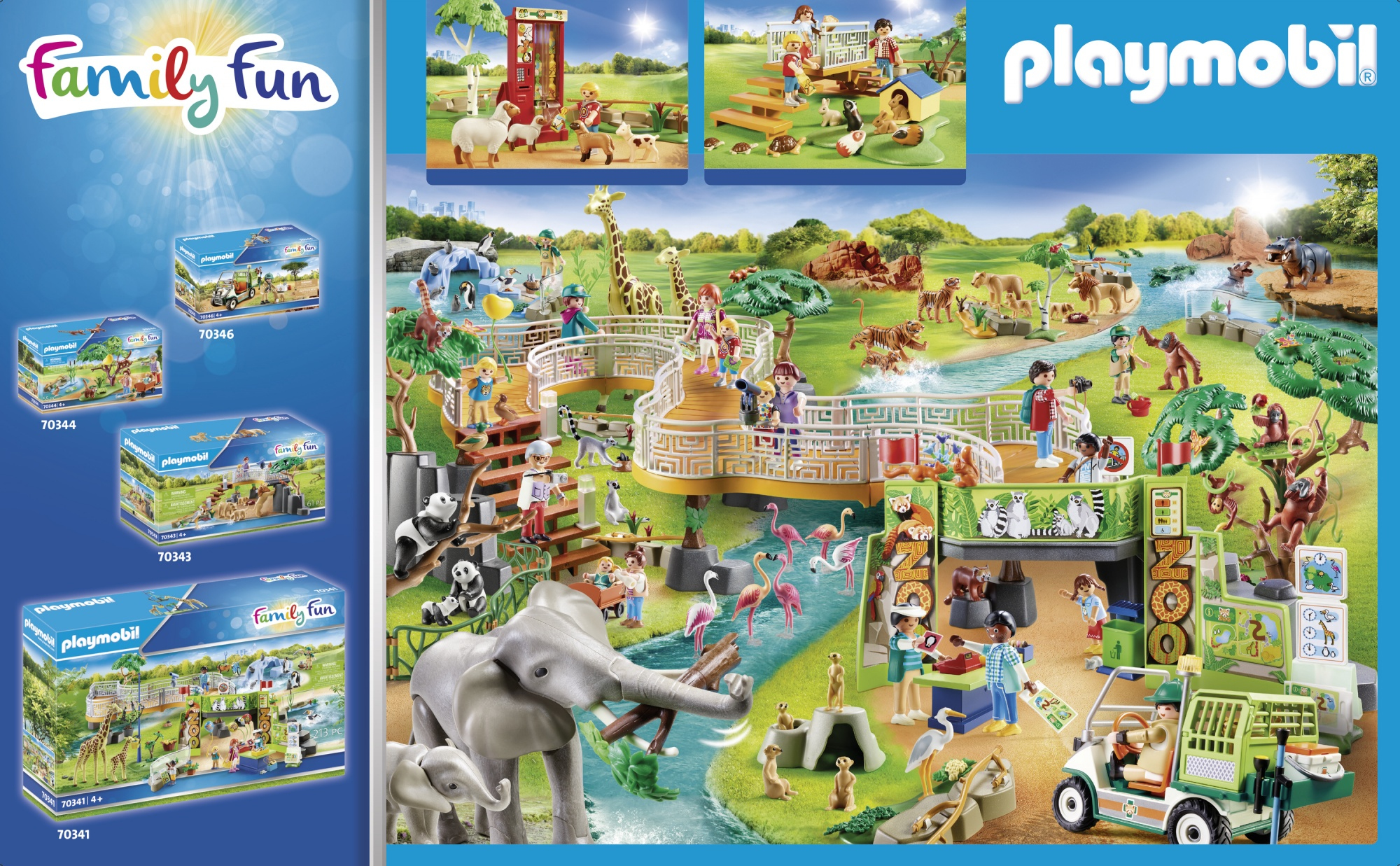 Playmobil Zoo-Set mit mehreren Tieren, Personen und Gebäuden. Mehrere Playmobil-Boxen sind sichtbar.