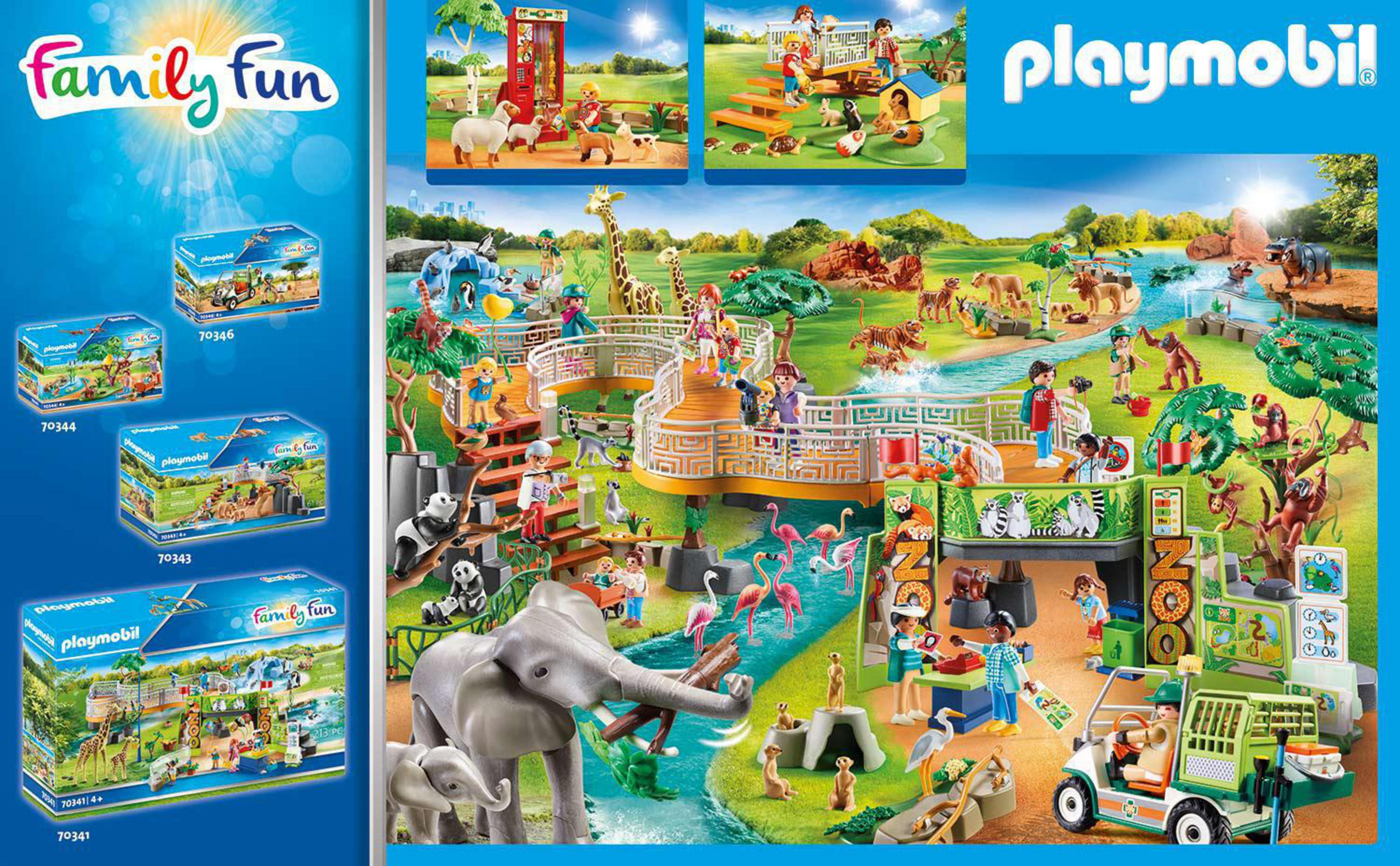 Playmobil Zoo-Set-Verpackung mit mehreren Szenen, mit Tieren, Figuren und verschiedenen Zoo-Elementen.