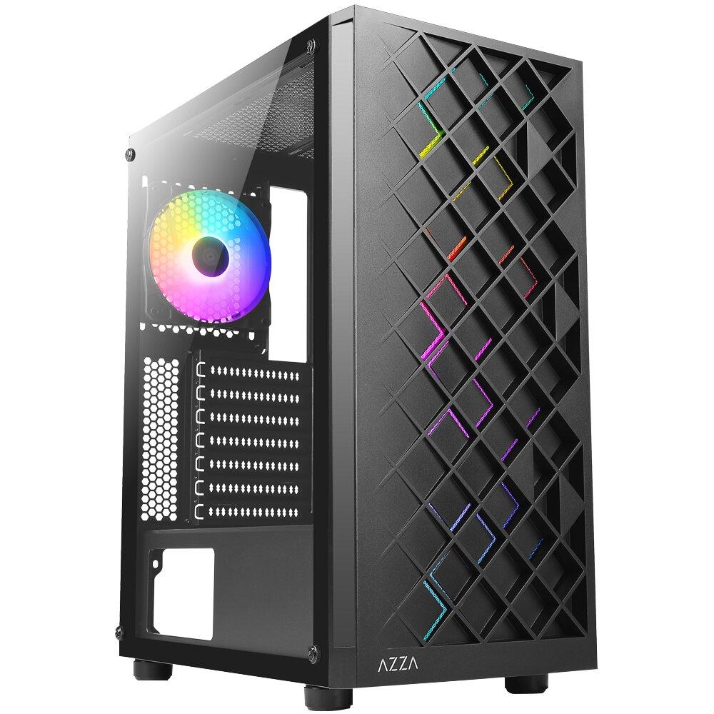 Un case per computer nero con pannello laterale in vetro, ventola arcobaleno e design frontale geometrico.