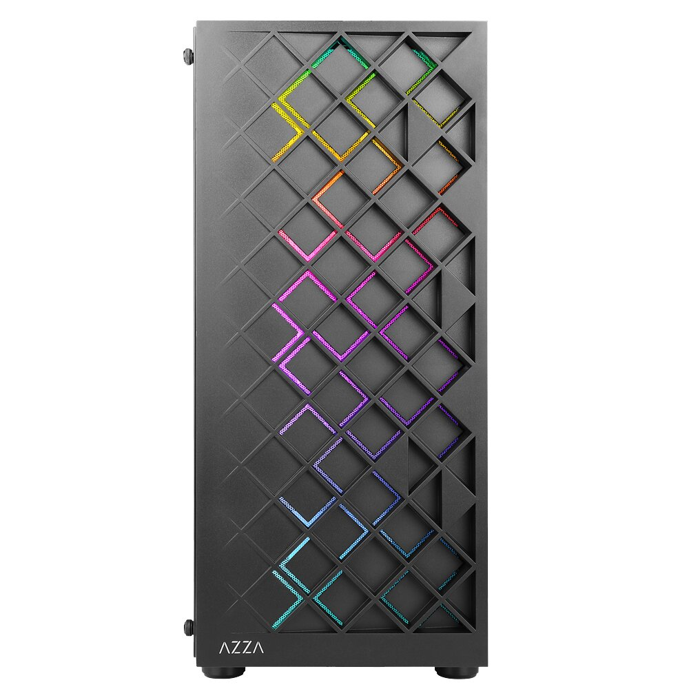 Case per computer nero con pannello frontale geometrico con illuminazione RGB. Sfondo bianco.