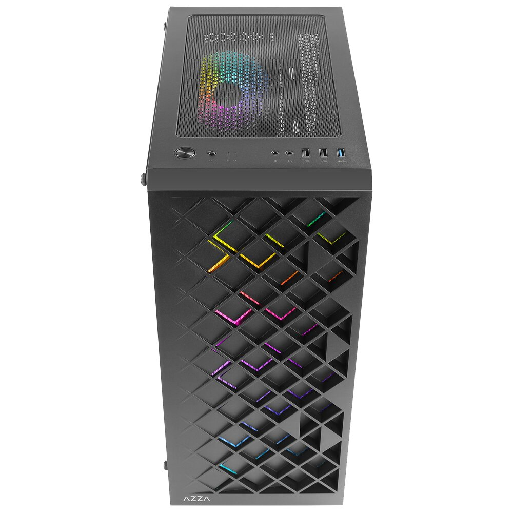 Case per computer nero con pannello frontale geometrico e parte superiore con ventola.