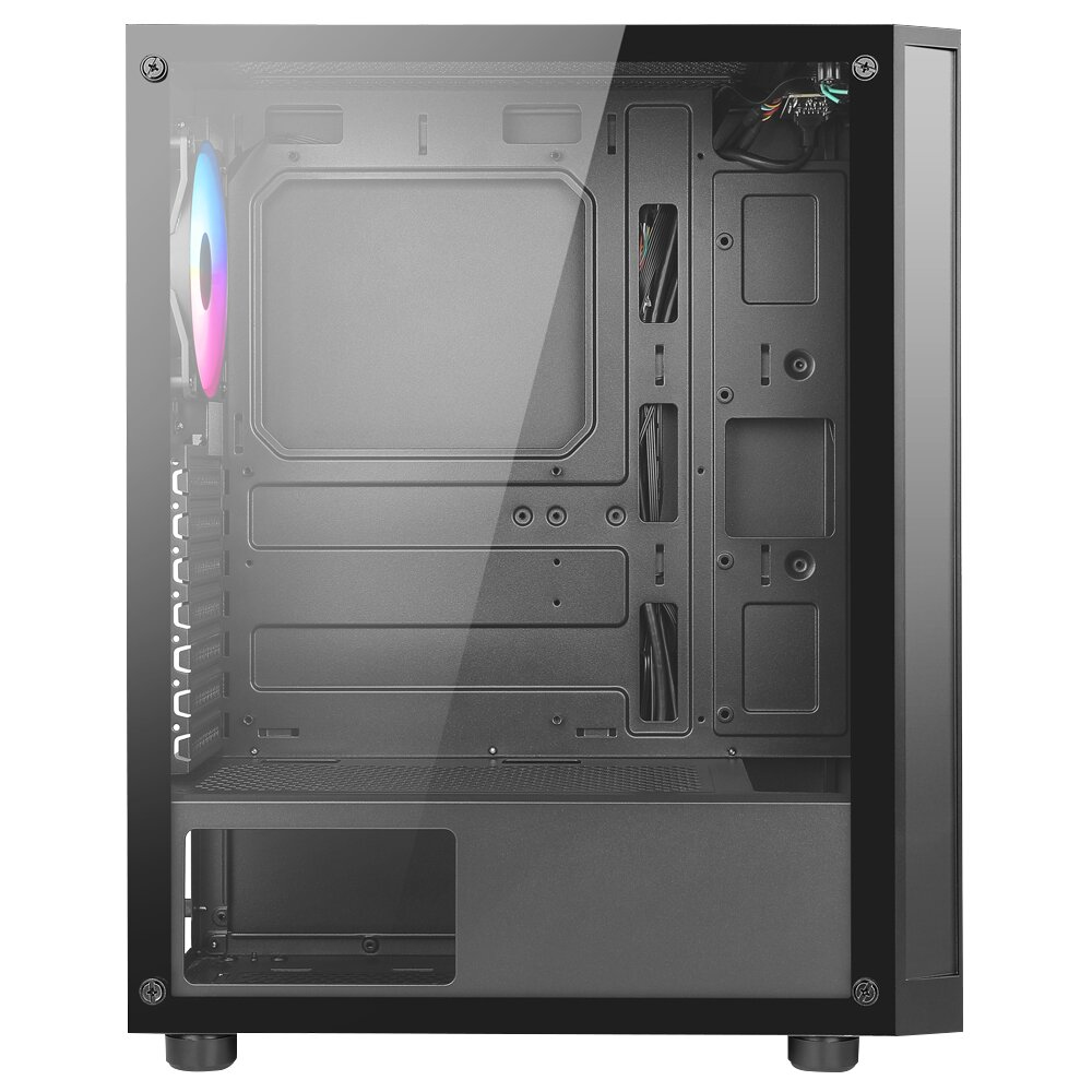 Un case per computer nero con pannello laterale in vetro, con una ventola all'interno, su sfondo bianco.