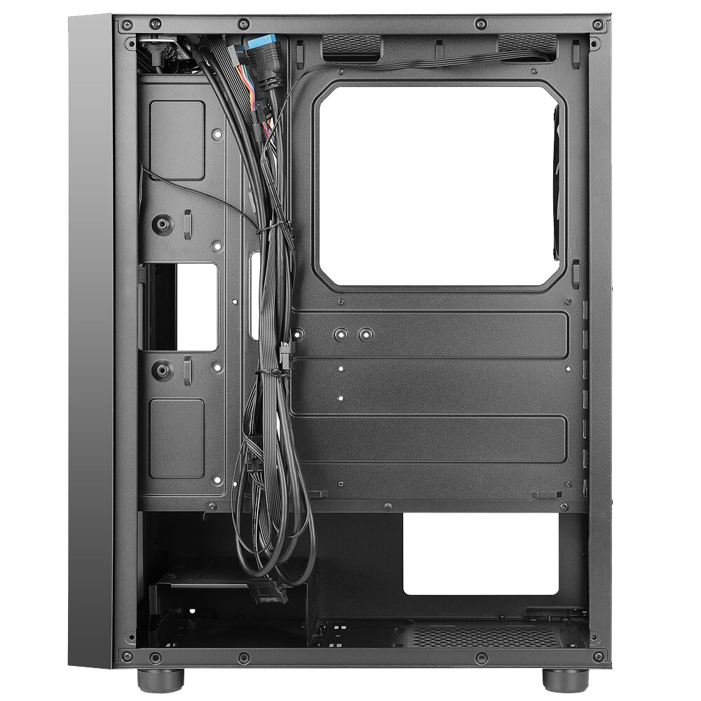 Case per computer aperto che mostra il telaio interno e la gestione dei cavi.