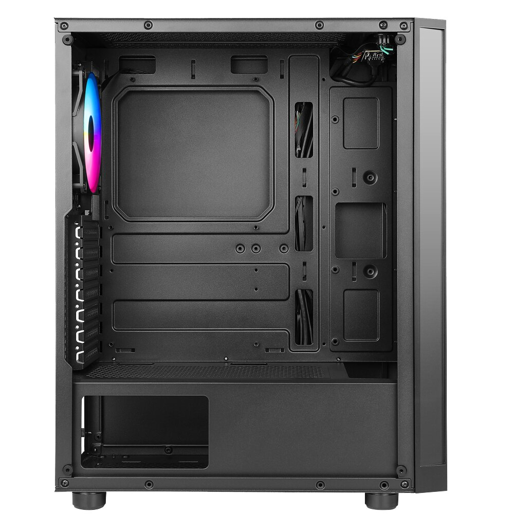 Un case per computer aperto che mostra i componenti interni con una ventola colorata.
