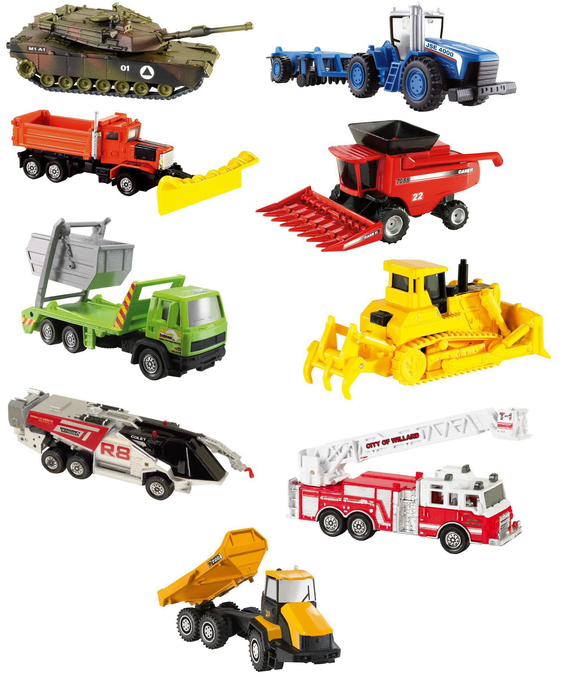Sammlung von Spielzeug-Baustellenfahrzeugen: Panzer, Traktor, LKW, Mähdrescher, Bagger usw.