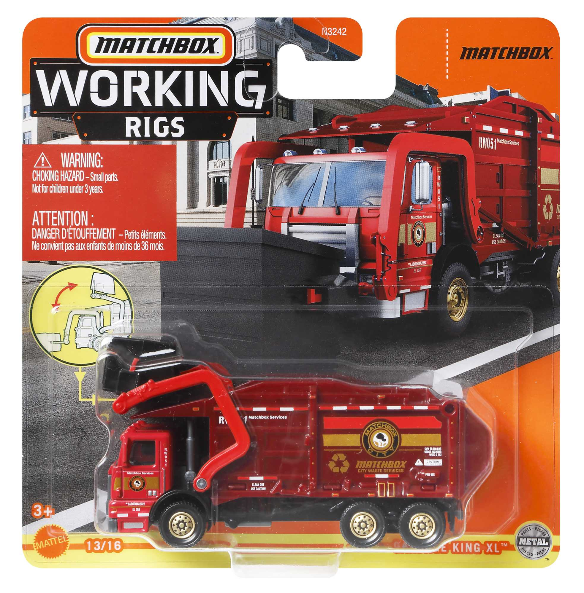 Matchbox Working Rigs Spielzeugverpackung eines roten Müllwagens mit Warnhinweisen.