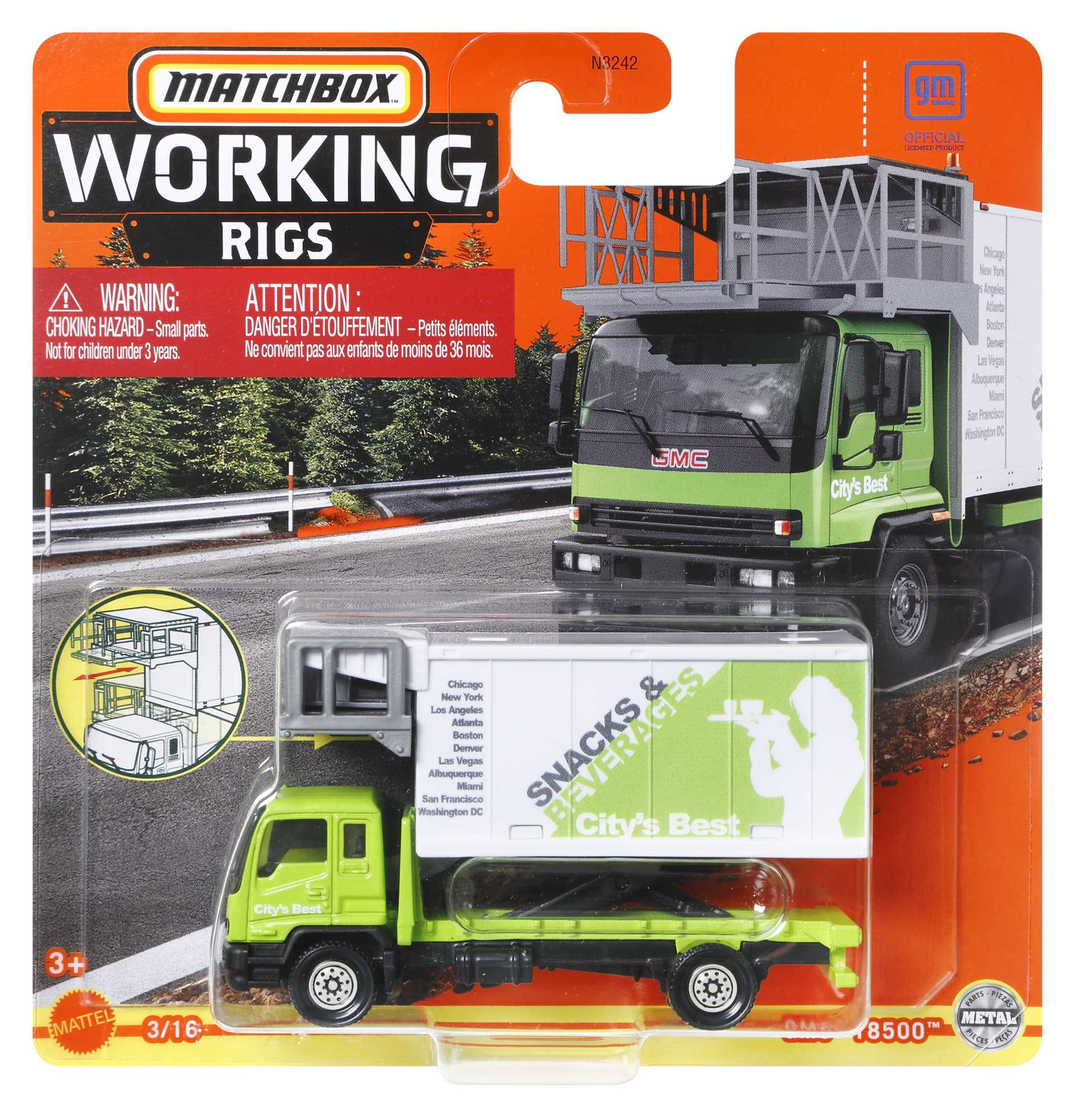 Matchbox-Spielzeug-LKW-Verpackung, limettengrün und weiß, mit LKW-Grafik und Text.