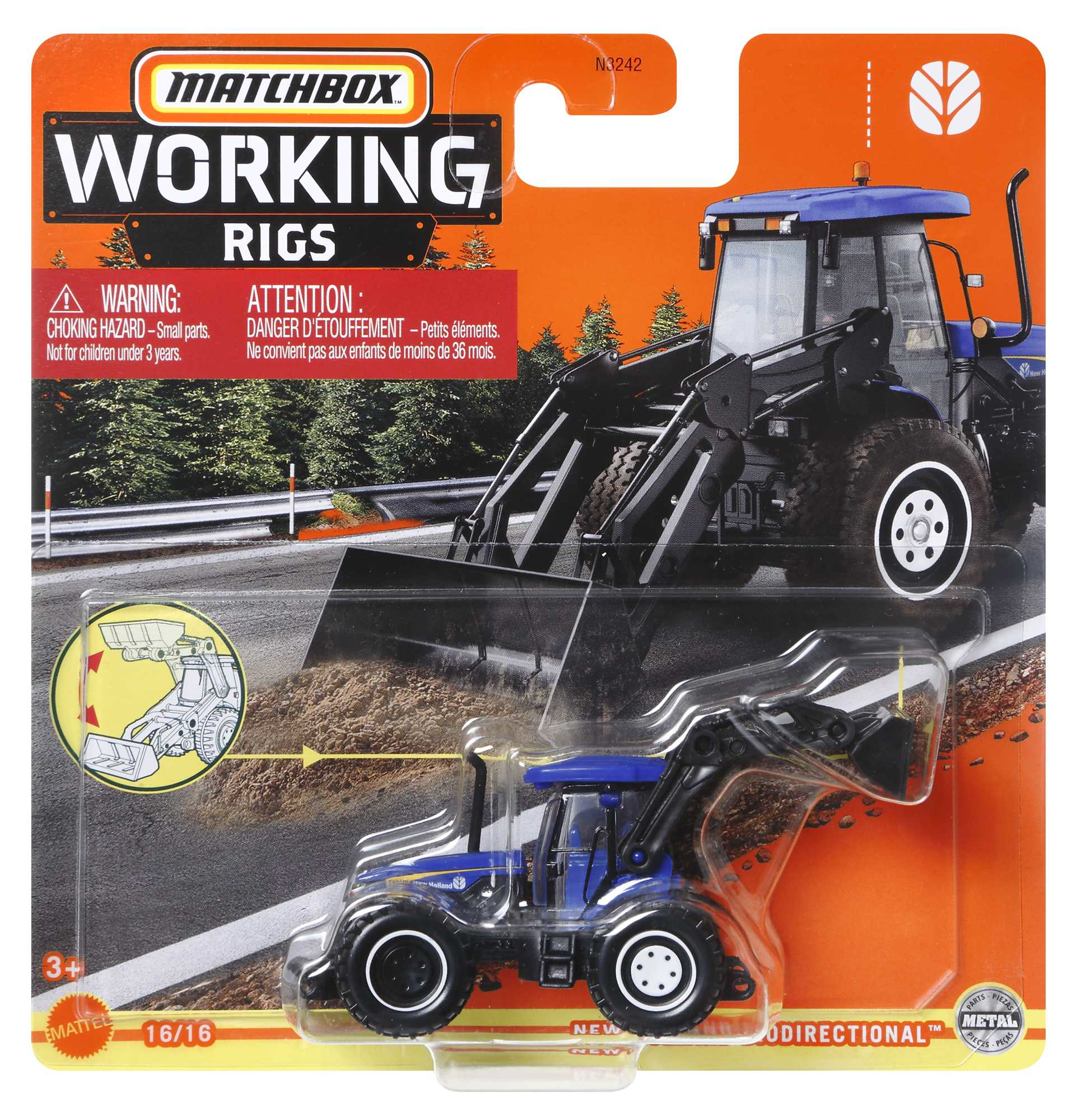 Matchbox Working Rigs Spielzeugverpackung eines blauen Traktors mit Frontlader im Display.