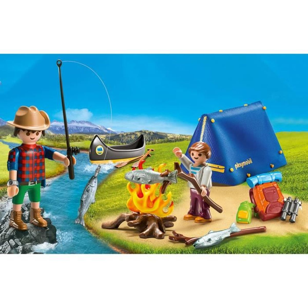 Scena z Playmobil z dwójką dzieci wędkujących i biwakujących nad jeziorem.