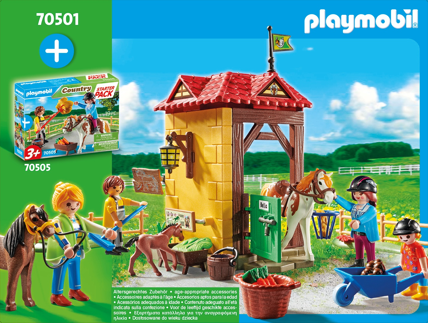 Ensemble écurie Playmobil. Figurines, chevaux, écurie, brouette et accessoires sont présentés.