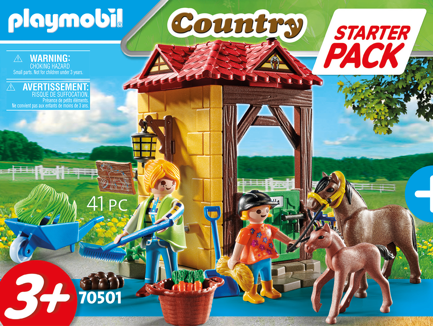 Une boîte Playmobil Country Starter Pack. Comprend une scène de ferme avec des personnes, des animaux et des bâtiments.