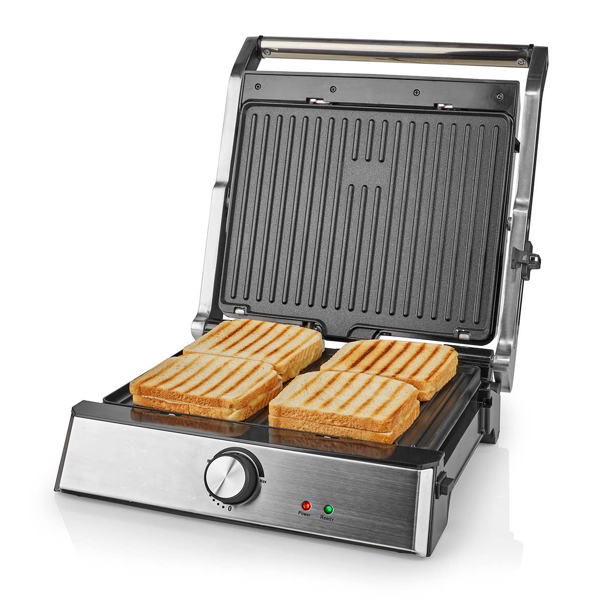 Opened panini press with four grilled sandwiches. Stainless steel and black, with power and ready lights.