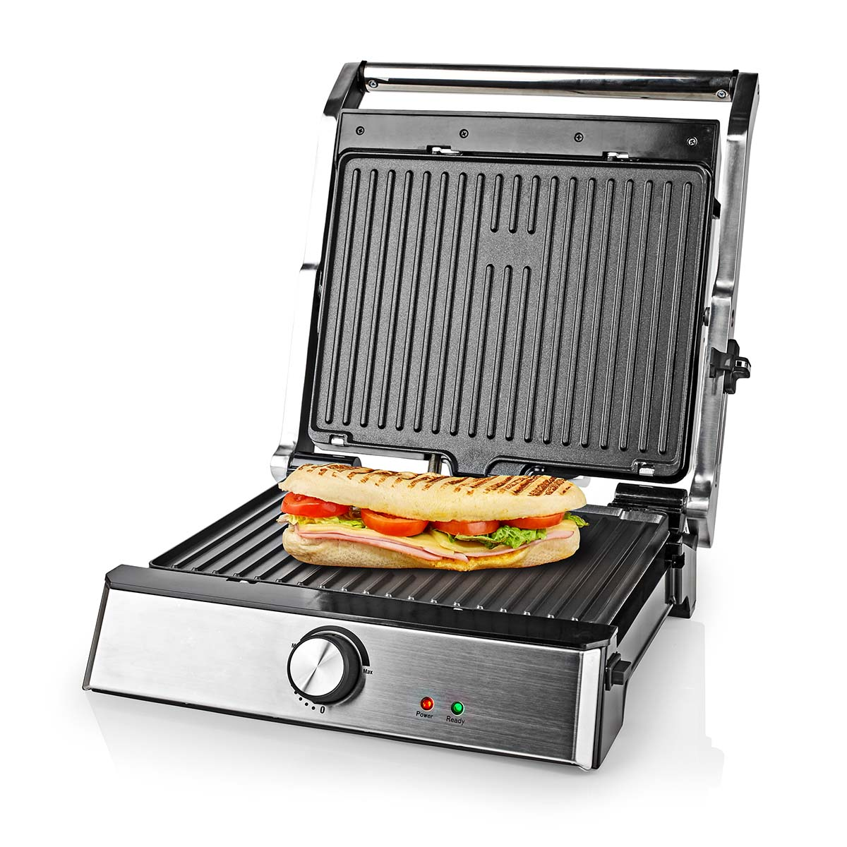Open grill with a sandwich inside. Silver and black design. White background.