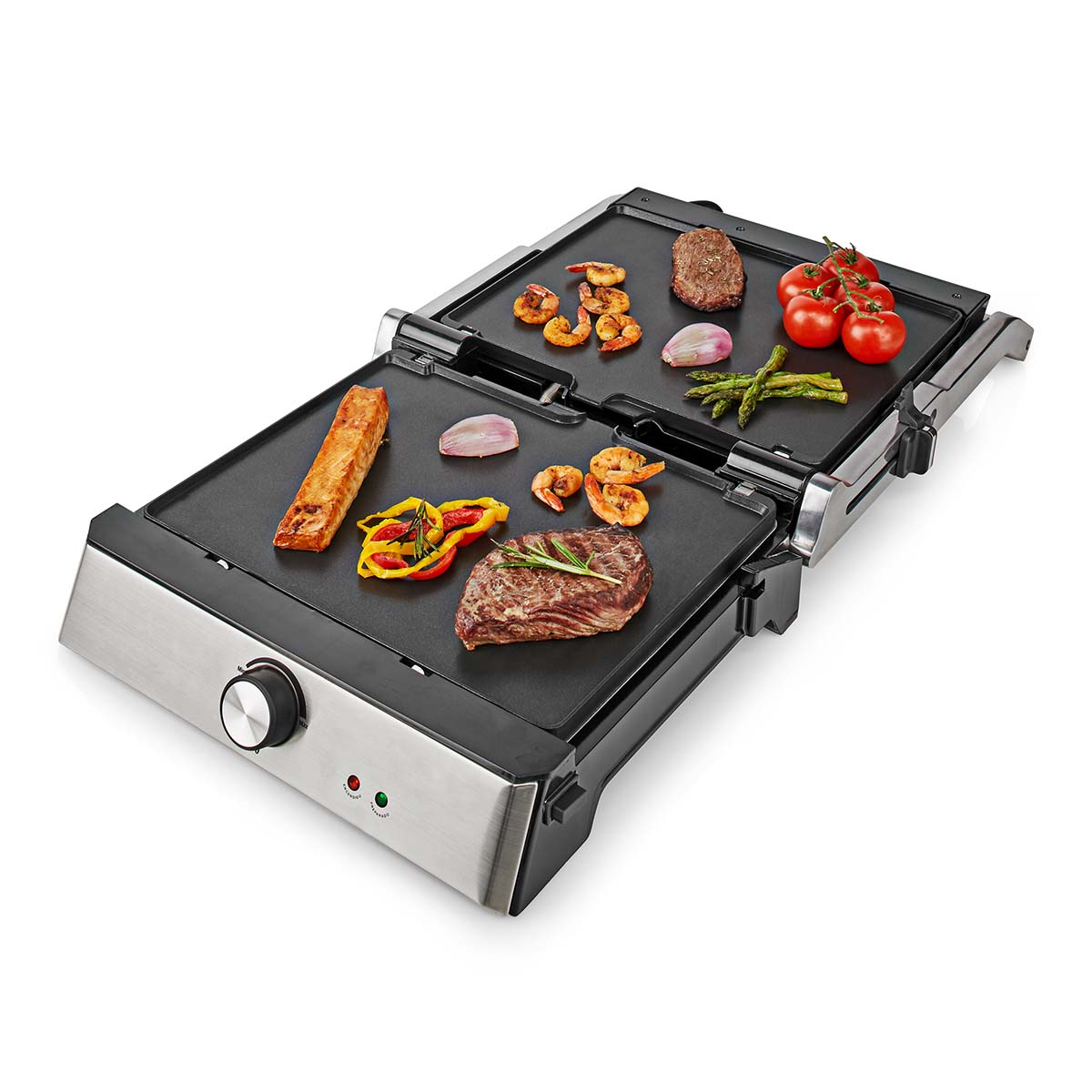 A grill with cooked food: steaks, shrimp, tomatoes, asparagus, peppers, and onions.