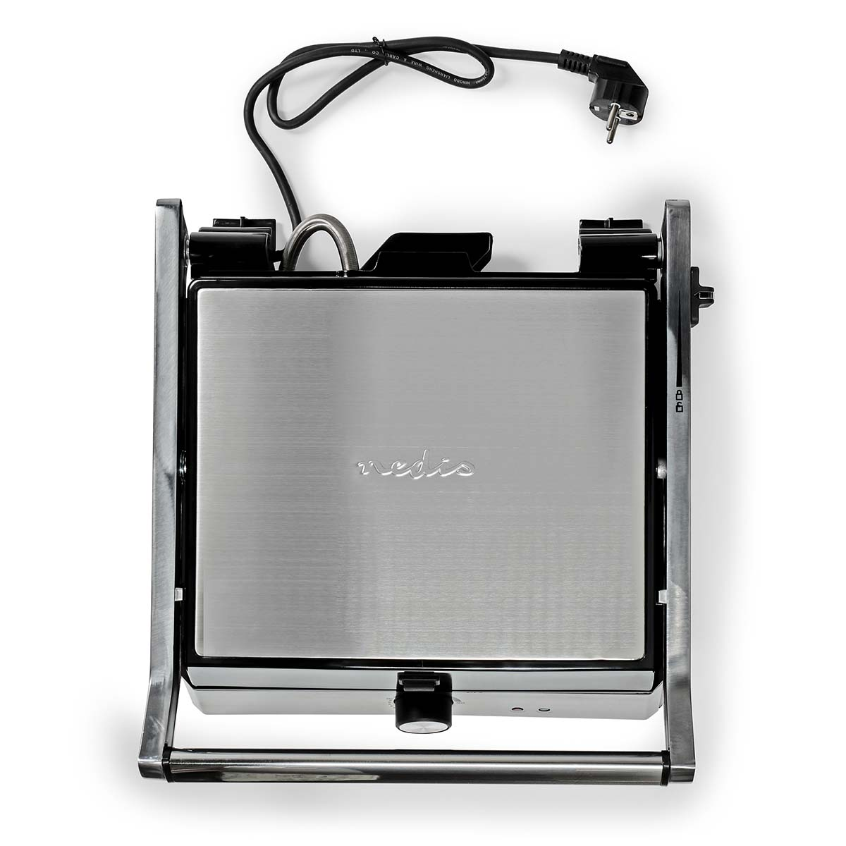 Overhead view of a stainless steel toaster with a black handle and power cord against a white background.