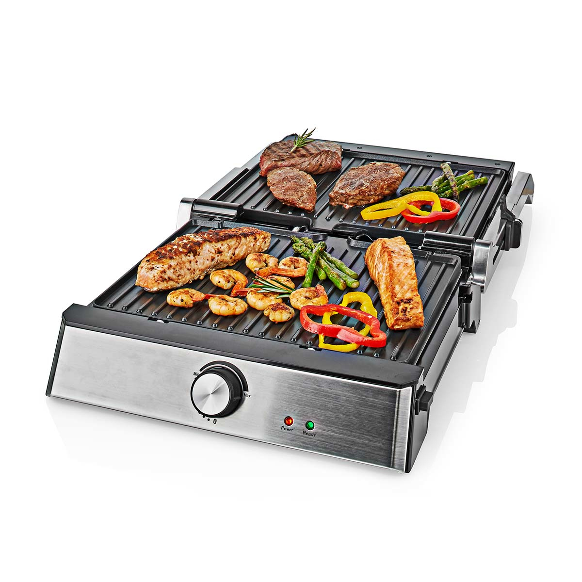 Open grill with cooked food: steaks, shrimps, asparagus. Silver and black design. White background.