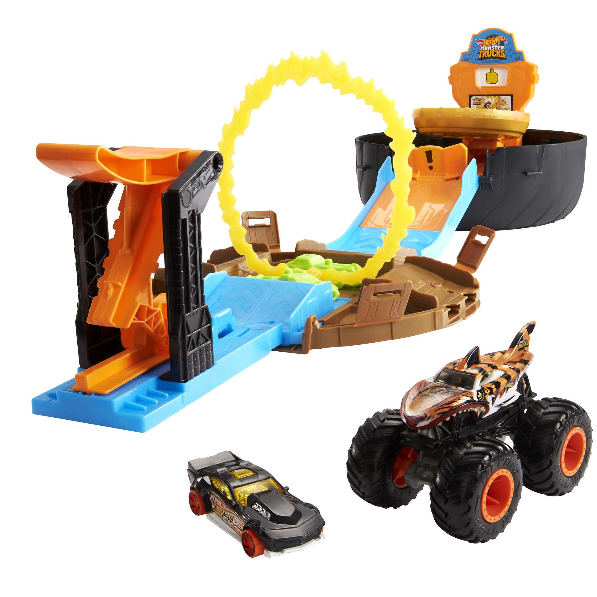Zestaw Hot Wheels Monster Trucks, z samochodem, monster truckiem i torem.