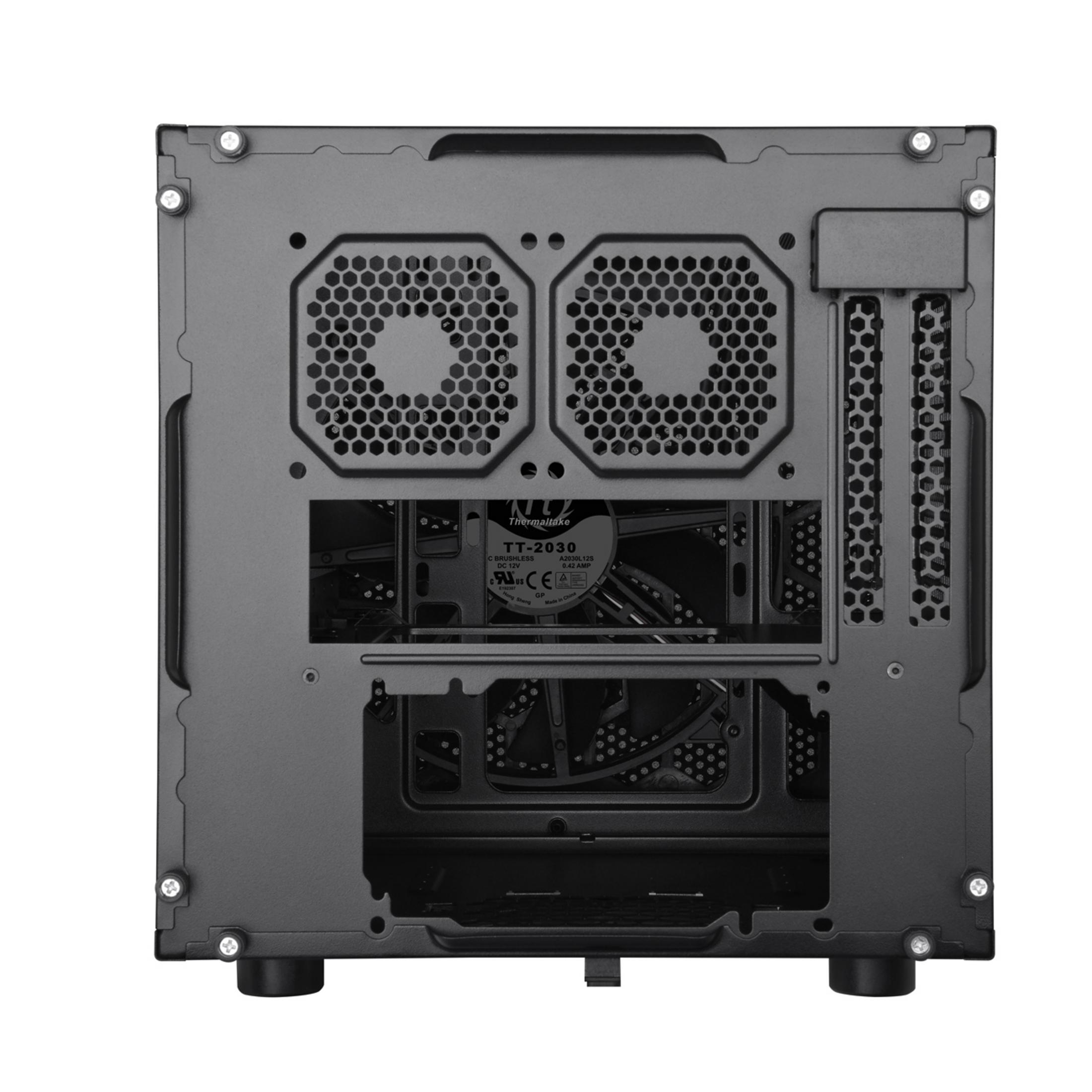 Vista posteriore di un case nero per computer con supporti per ventole e prese d'aria.