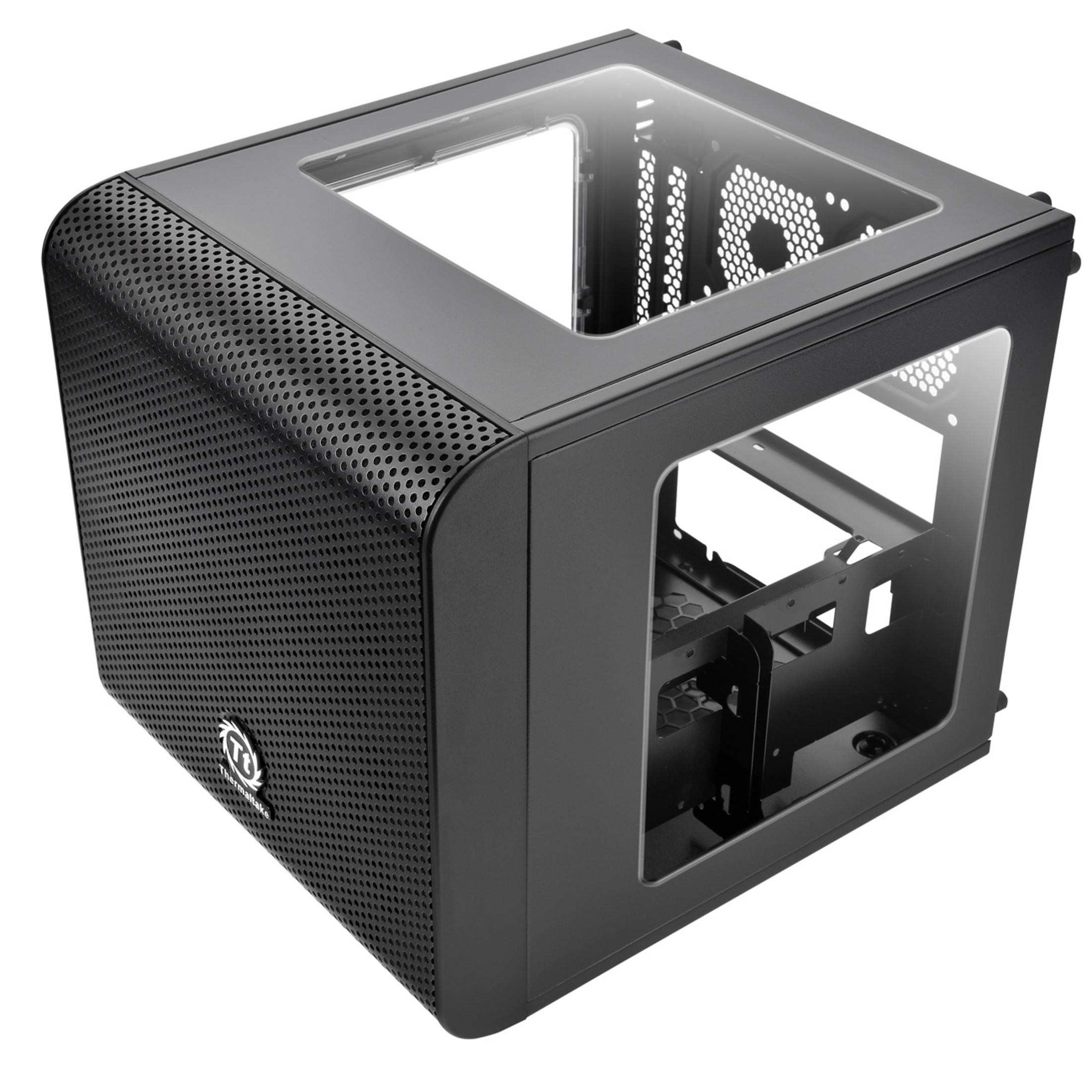 Case PC nero con pannelli laterali trasparenti. Ha un frontale a rete.