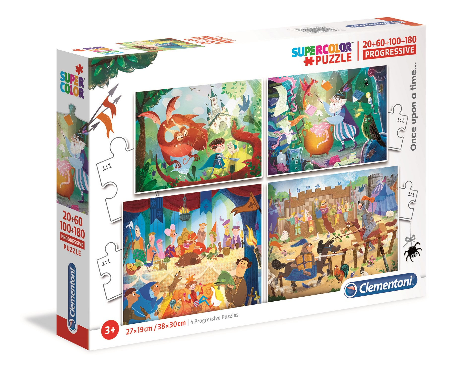 Caja de rompecabezas con cuatro escenas de dibujos animados de caballeros.